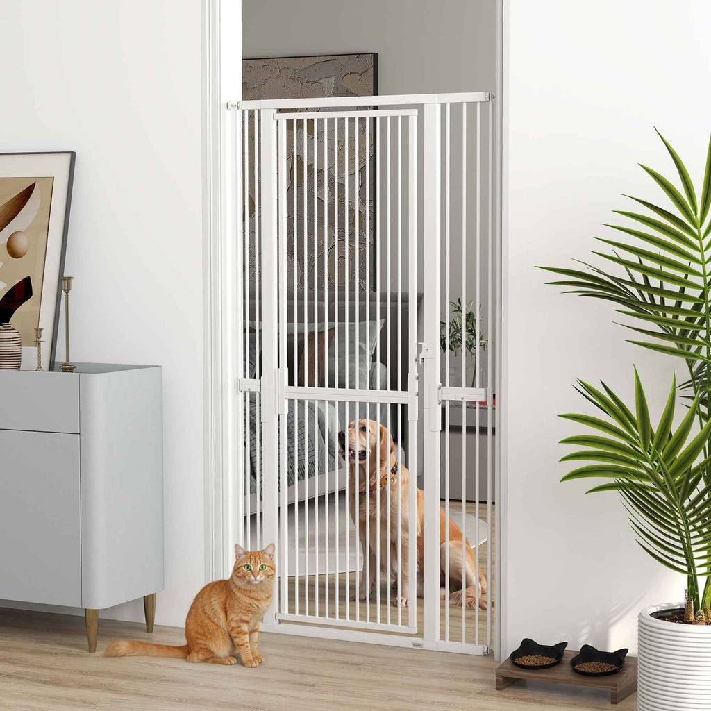 PawHut 180cm High Dog and Cat Gate, Extends from 76-104cm and Push-fits, White