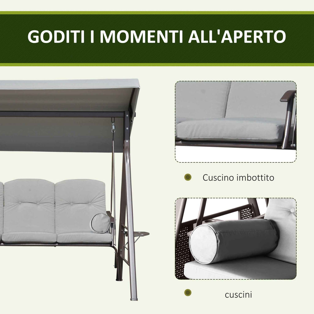 Outsunny 3-Seater Garden Swing with Adjustable Canopy, Cup Holder and Cushions, 208x121x172 cm, Light Grey
