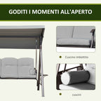 Outsunny 3-Seater Garden Swing with Adjustable Canopy, Cup Holder and Cushions, 208x121x172 cm, Light Grey