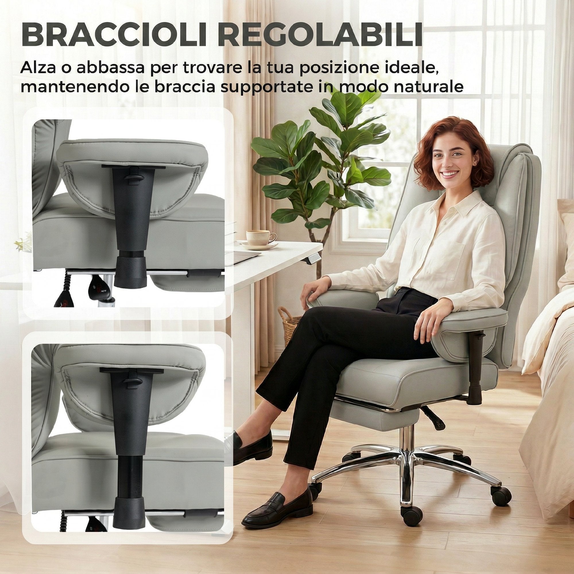 HOMCOM Ergonomic Reclining Office Chair with Footrest, High Back, Adjustable Height, Light Grey