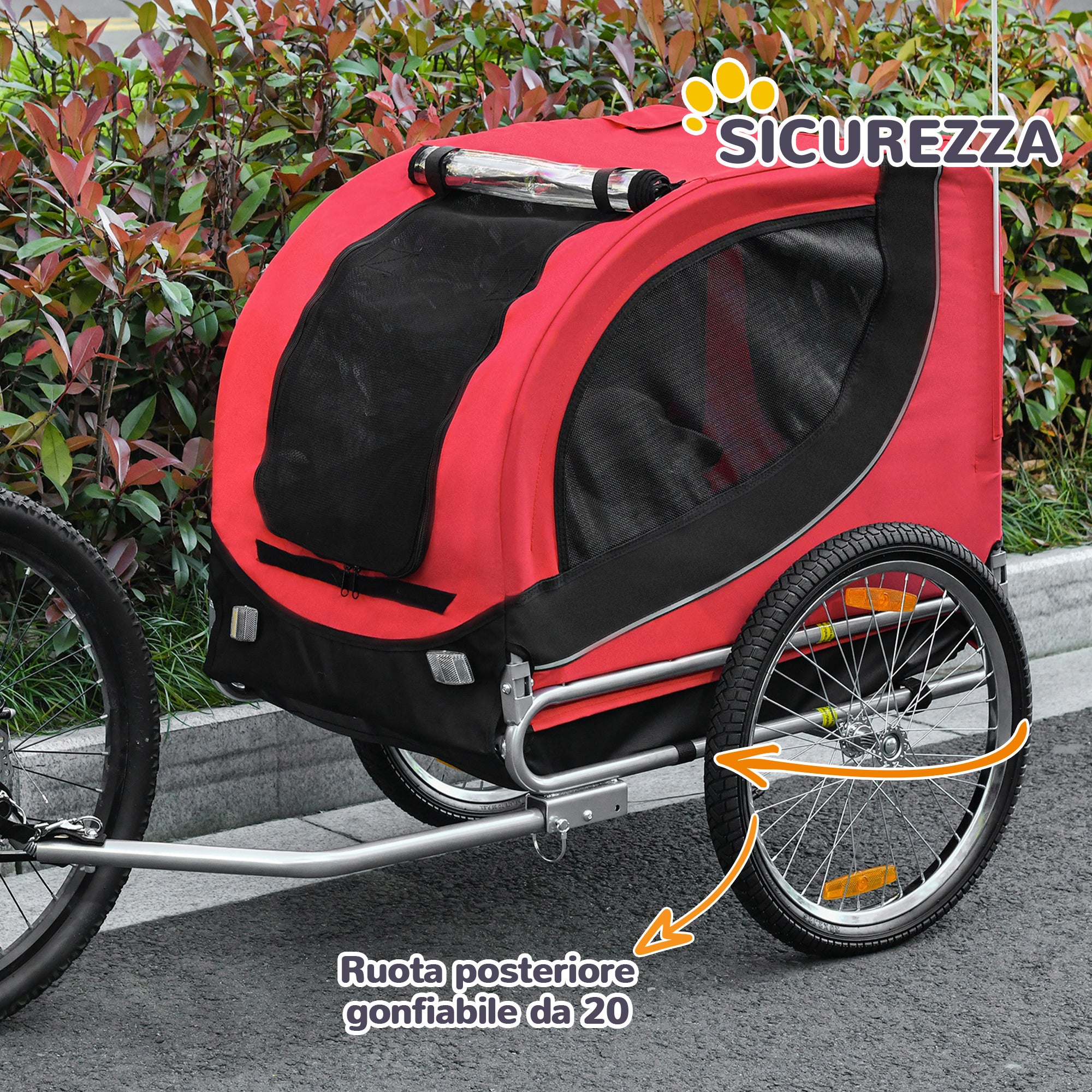 Medium Dog Bike Trailer with Attachment Point, Side Windows and Flag, Steel and Oxford Fabric Bike Trailer, 130x73x90 cm, Red and Black