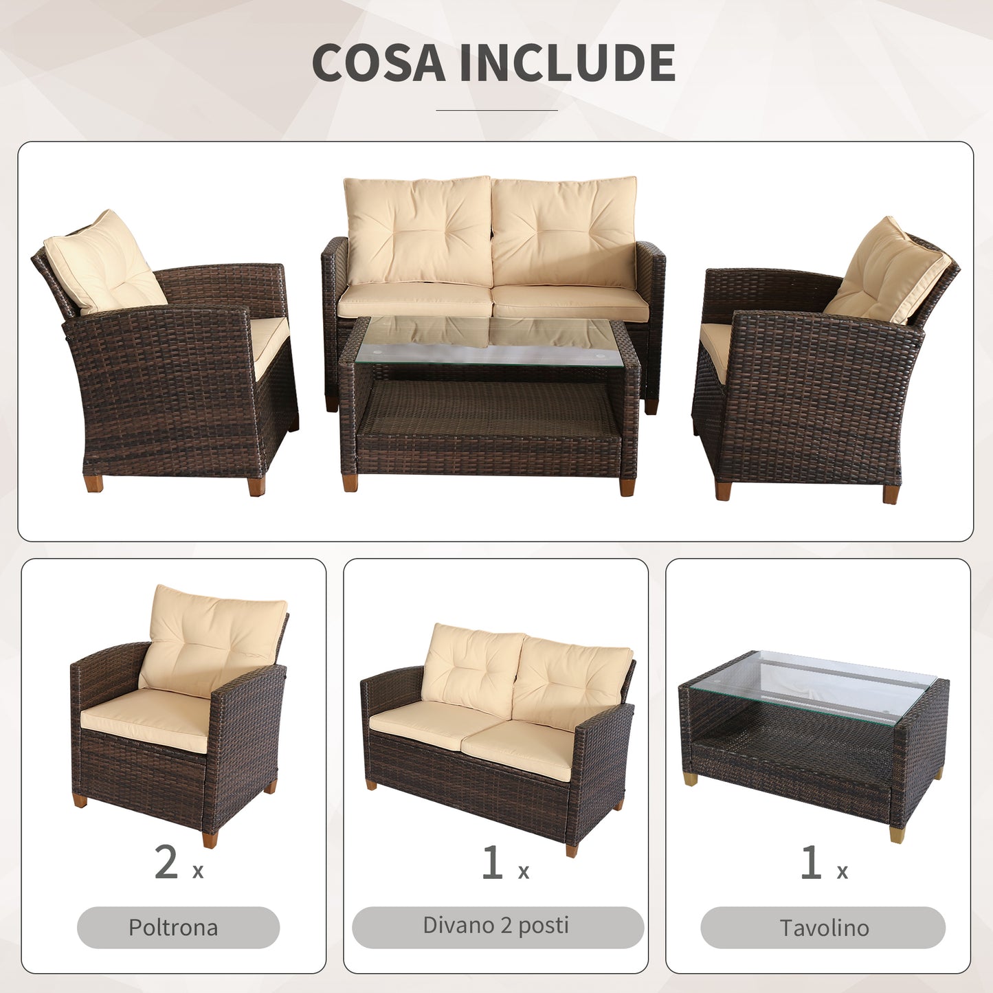 NARCO | 4 Piece PE Rattan Garden Furniture Set and Coffee Table, Upholstered Sofa and Armchairs Brown and Beige 124x68x76cm