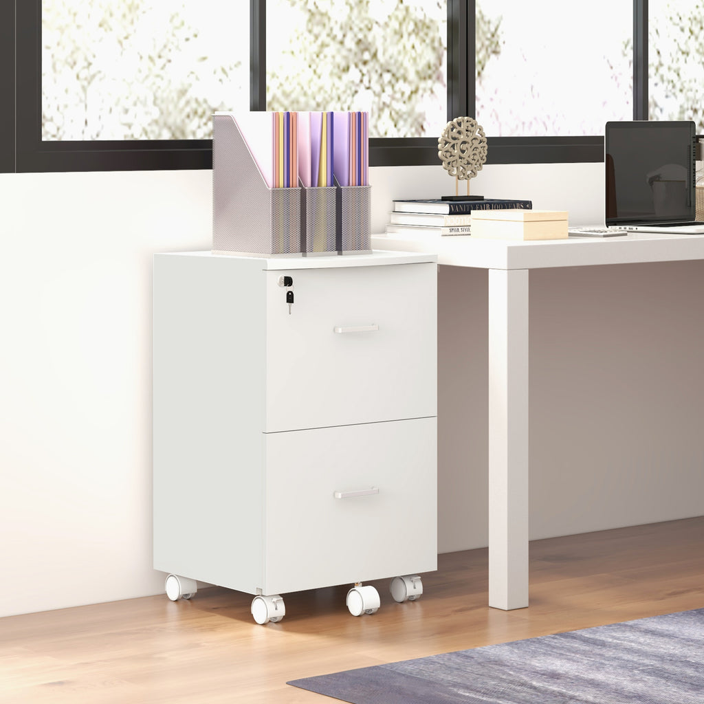 Office Cabinet with 2 Drawers and 5 Wheels, MDF and Chipboard File Cabinet, 43x45x72 cm, White