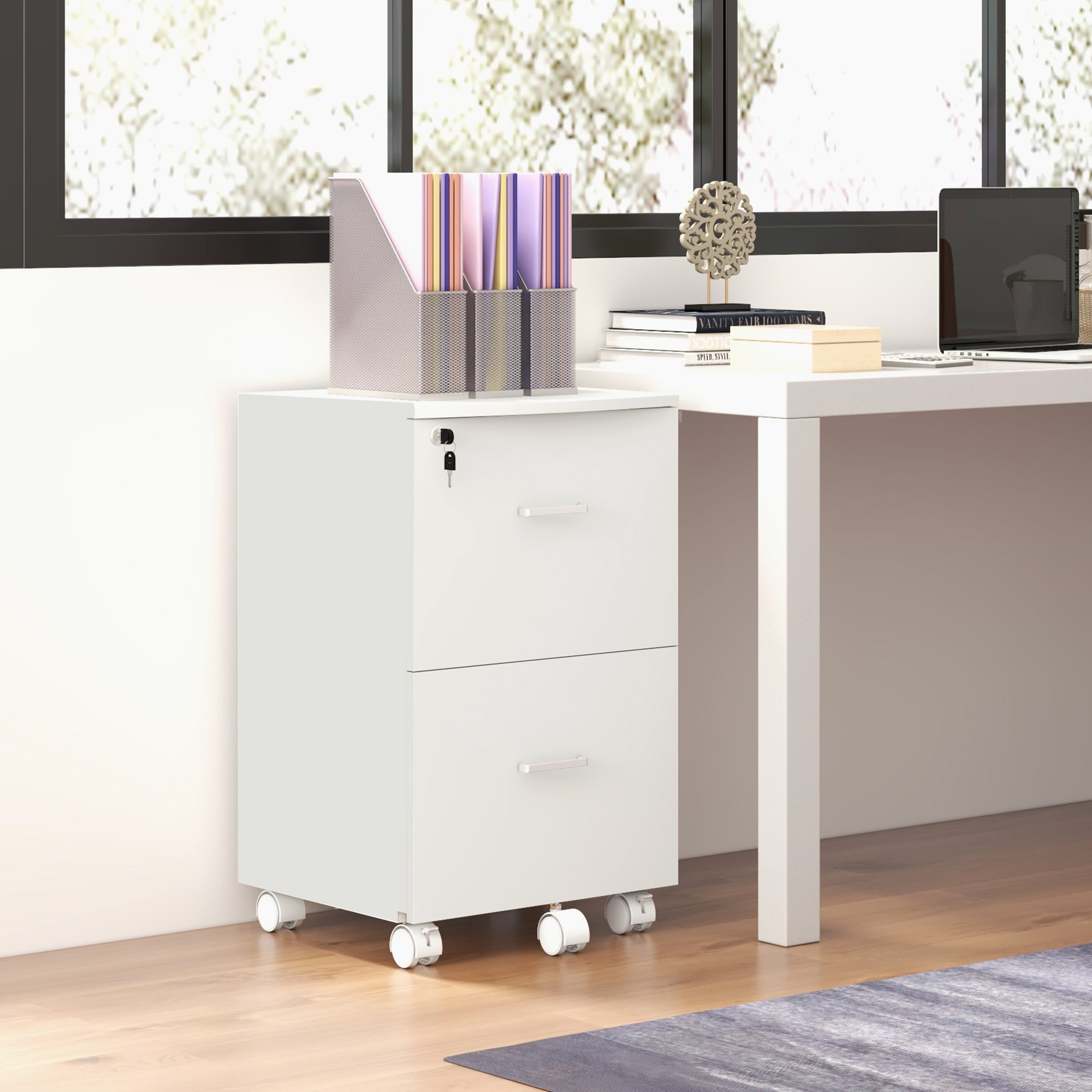 Office Cabinet with 2 Drawers and 5 Wheels, MDF and Chipboard File Cabinet, 43x45x72 cm, White