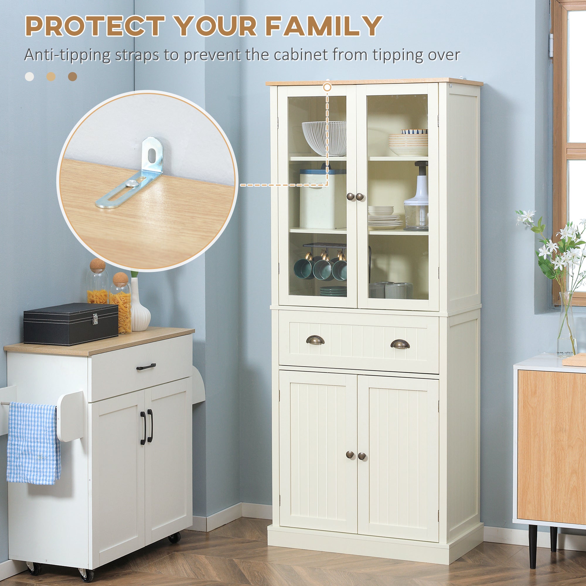 Homcom Mobile 5 -level pantry with central drawer in MDF and chipboard, 76x40x182.5 cm, cream white - Borgè