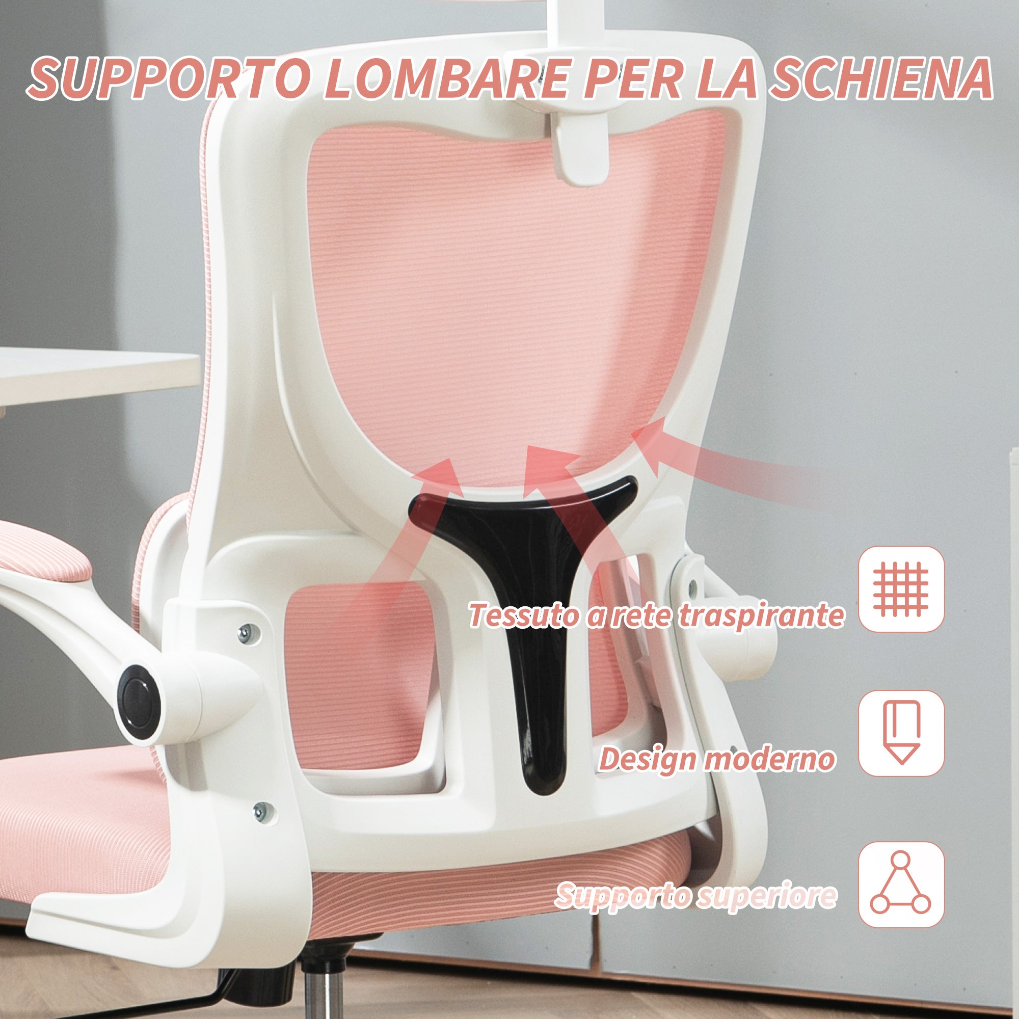 Adjustable and Reclining Office Chair with Removable Headrest, Mesh Fabric, 60x59x114-122 cm, Pink