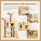 PawHut Cat Scratching Tree with House, 2 Beds, Hammock and Ball, Made of Wood, Polyester and Sisal, 60x40x130 cm