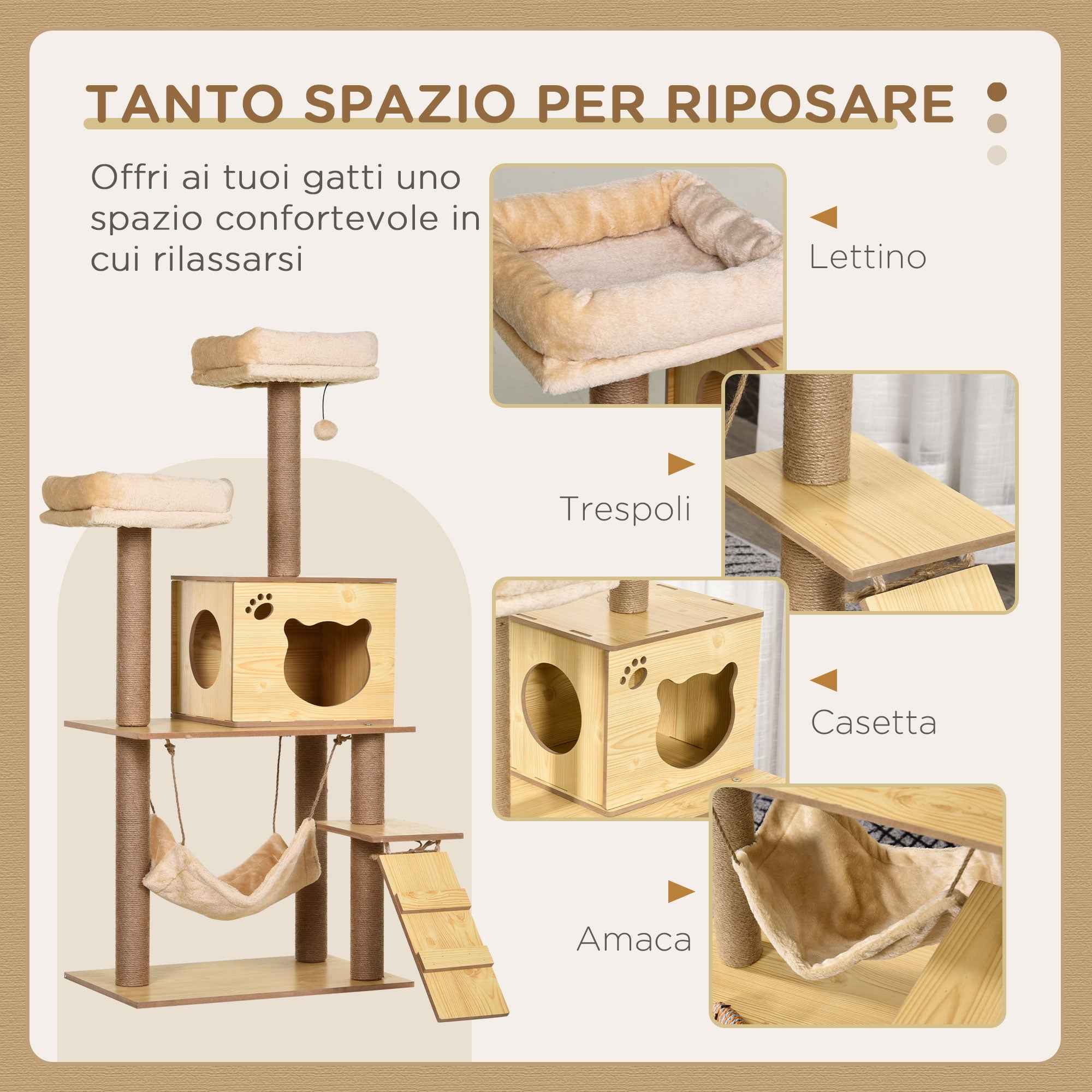 PawHut Cat Scratching Tree with House, 2 Beds, Hammock and Ball, Made of Wood, Polyester and Sisal, 60x40x130 cm