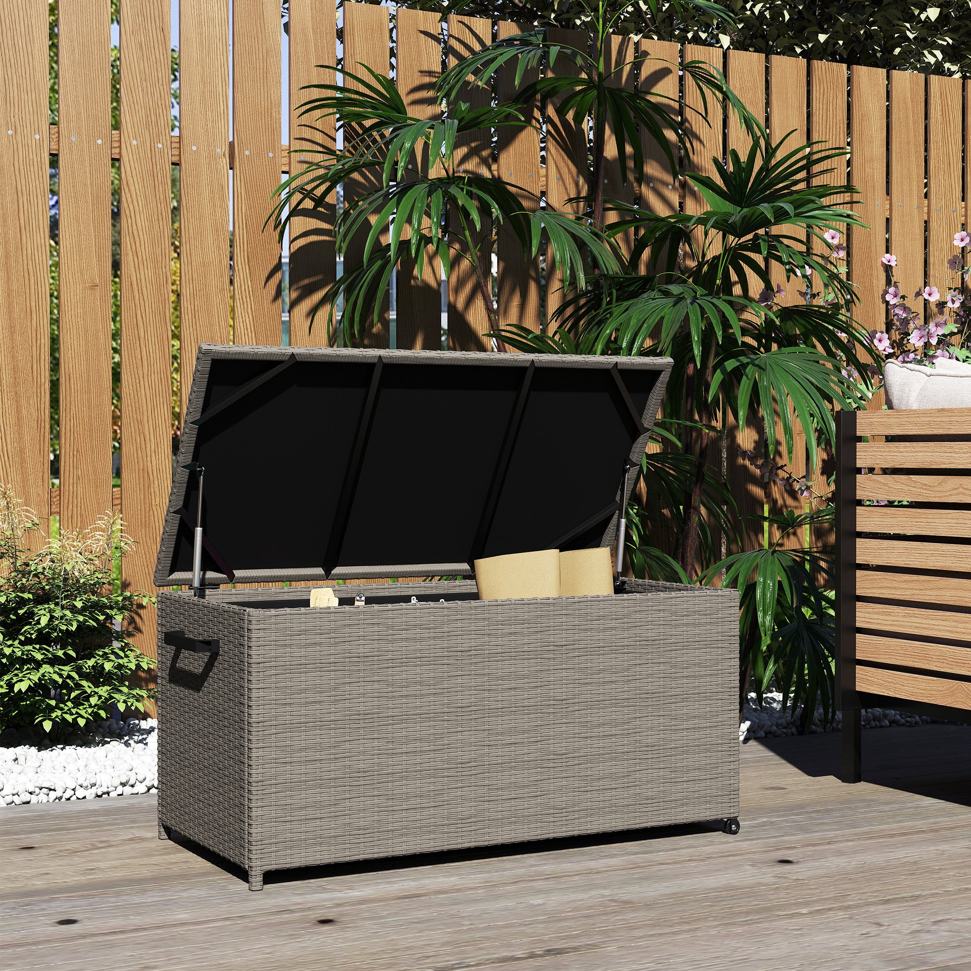 184L PE Rattan Outdoor Storage Chest with Wheels and Waterproof Inner Lining, 102x52x52 cm, Grey