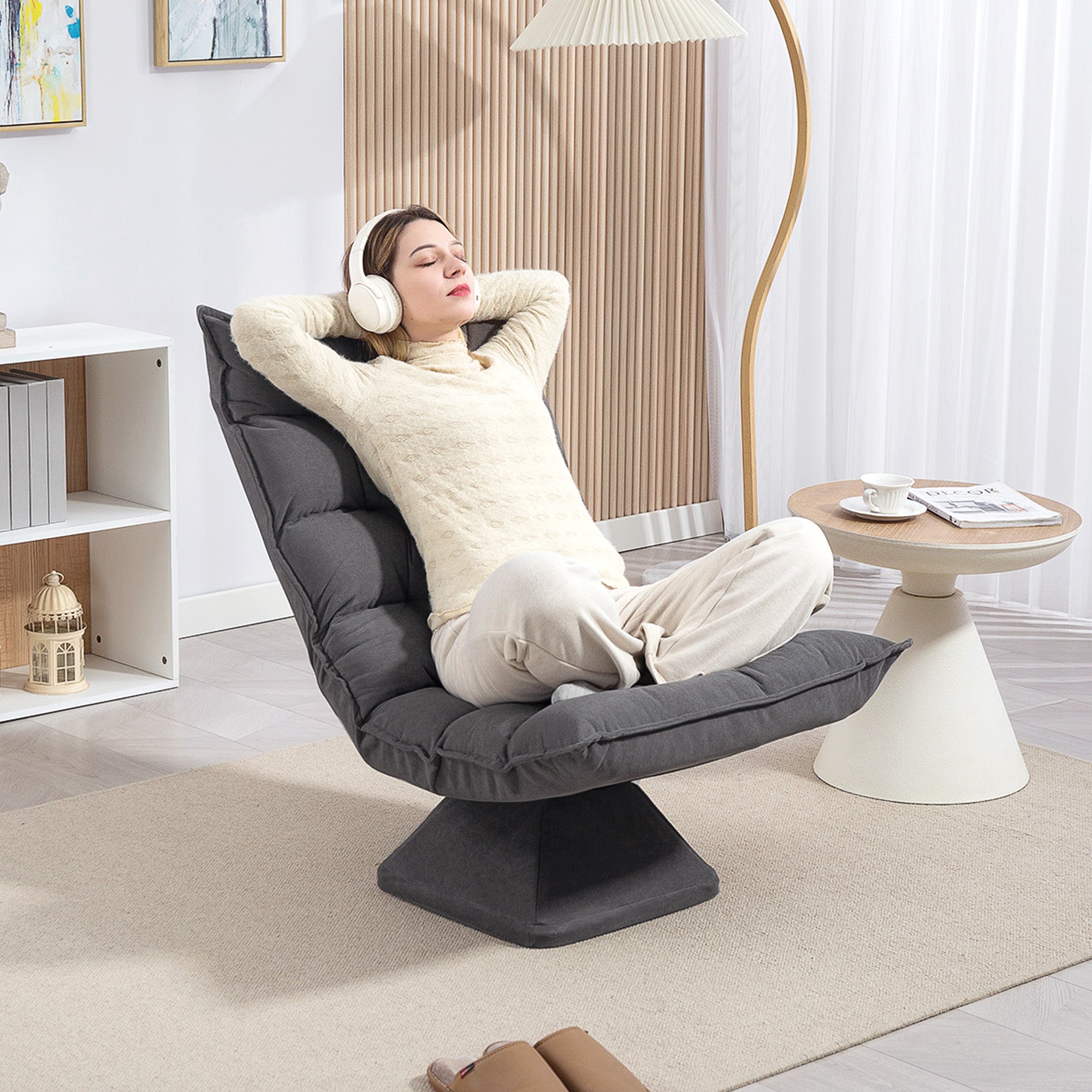 Velvet Swivel Lounge Chair with 5-Position Adjustable Backrest, 62x70x95 cm, Grey
