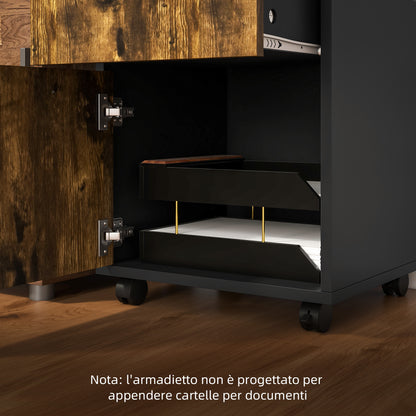 File Cabinet with Drawer and Shelf, 4 Wheels, 40x35x60cm, Brown and Black