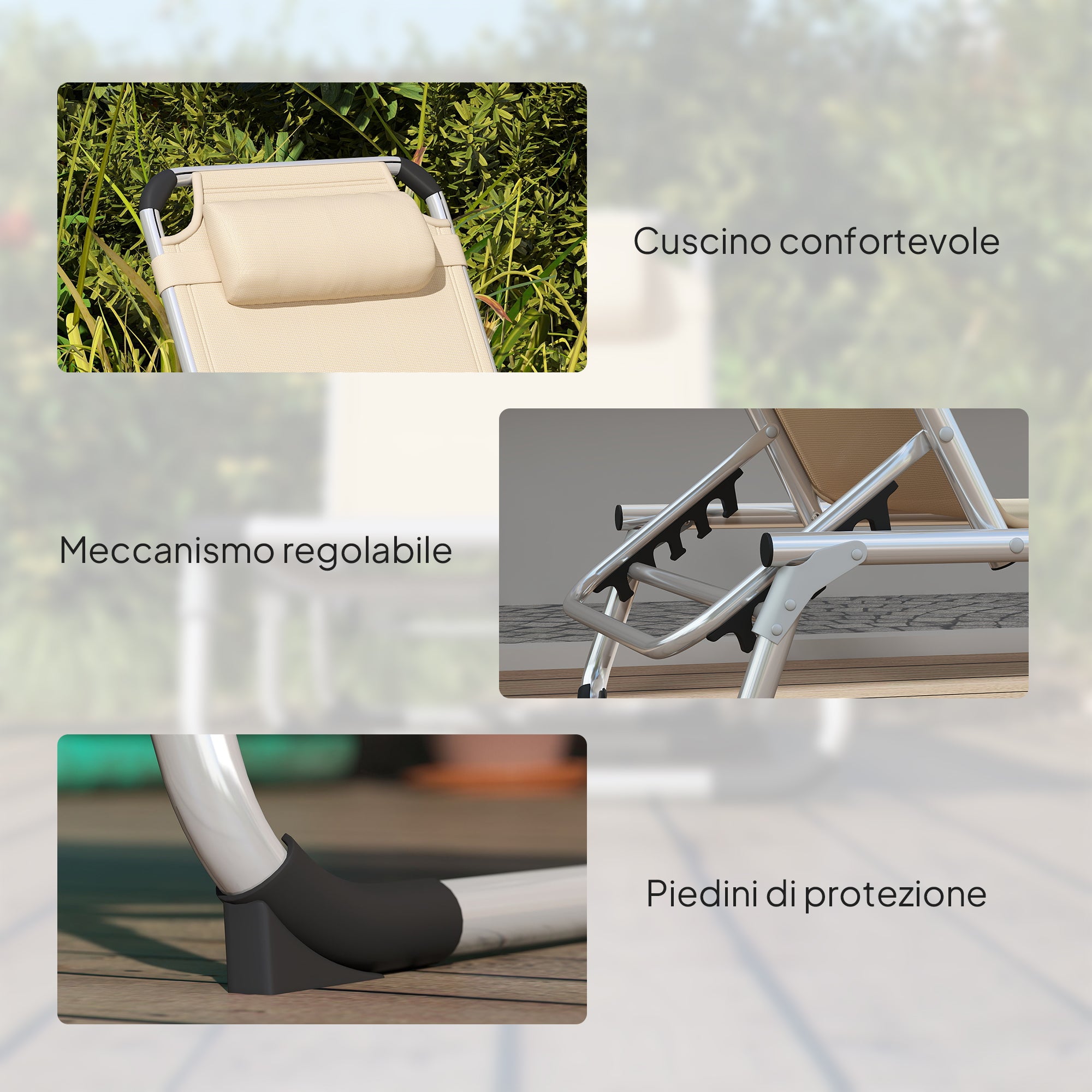 Outsunny Folding Deck Chair with Adjustable Headrest and Backrest in Aluminum, 60x165x76 cm, Beige