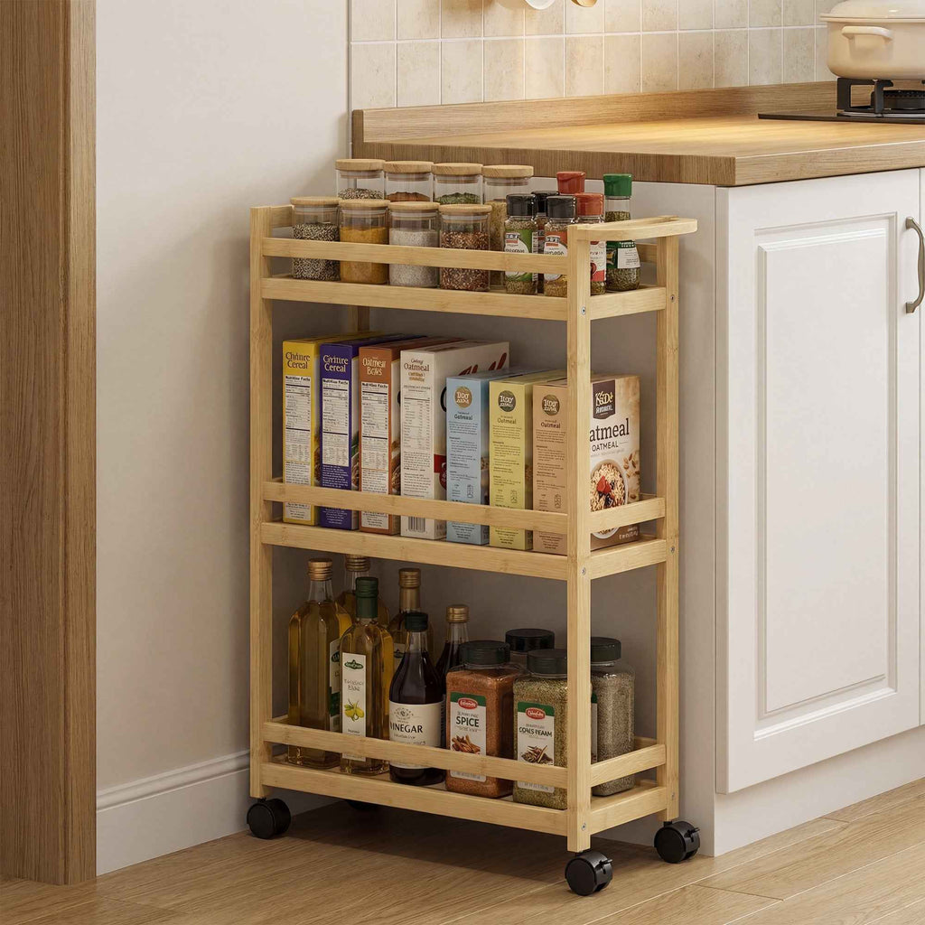 HOMCOM 3-Tier Bamboo Bathroom Storage Cart, 55x20x75 cm, Wood Color