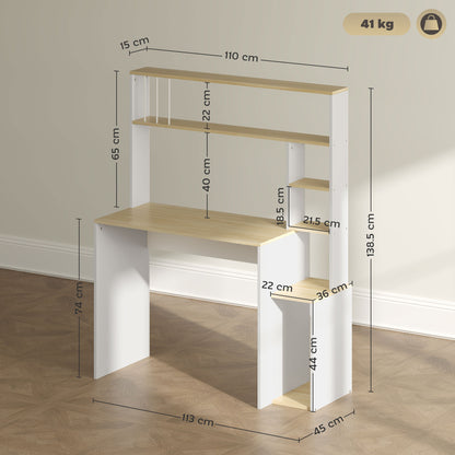 Modern PC Desk with Bookcase, Shelf and CPU Holder, 113x45x138.5 cm, Oak