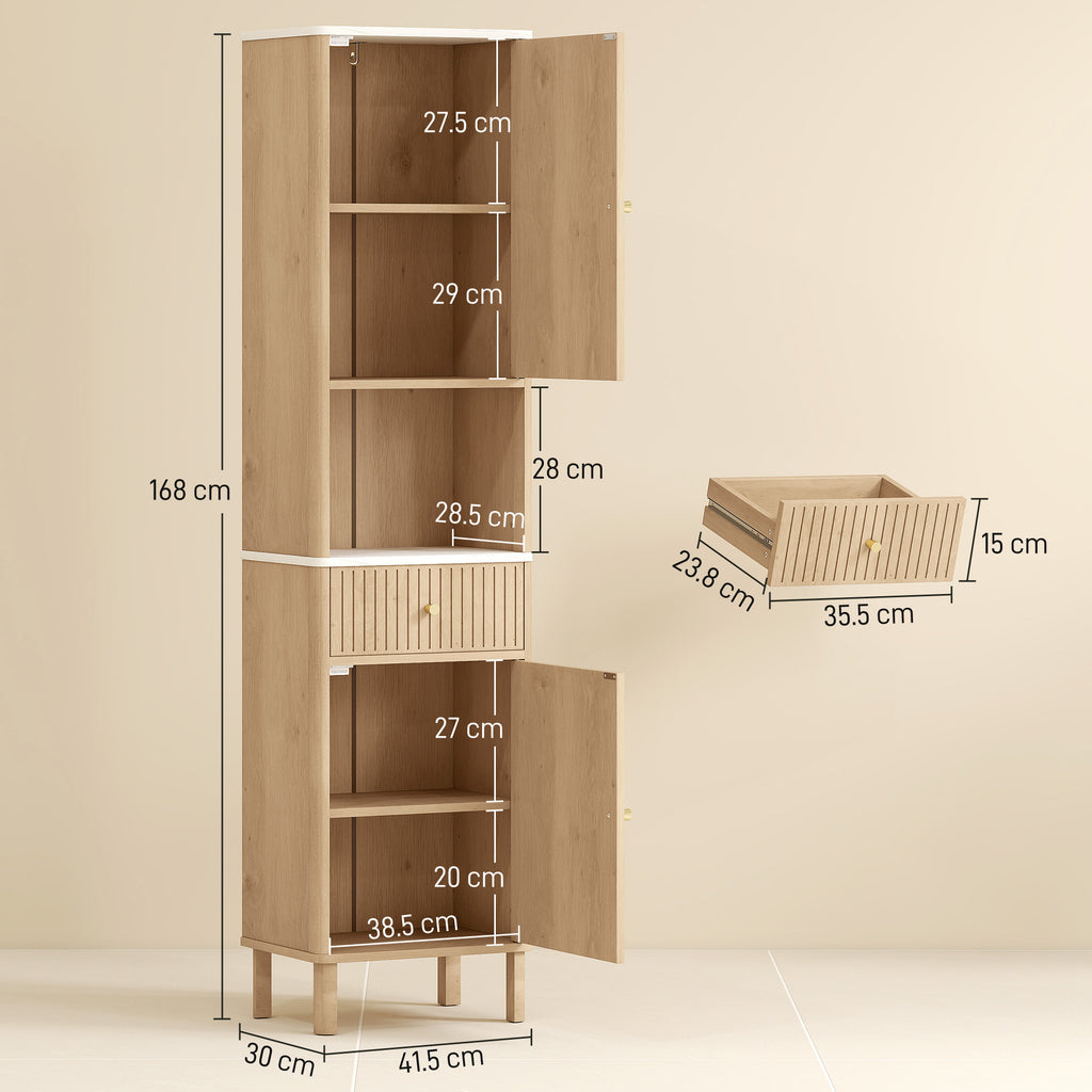 Bathroom Cabinet with Drawer, 2 Cabinets and Adjustable Shelves, Marble Effect Shelf, 41.5x30x168 cm, Oak