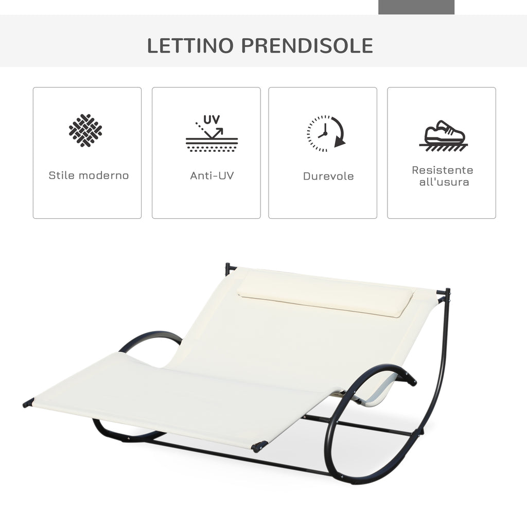 Outsunny 2-Seater Sun Lounger, Metal and Textilene Rocking Garden Lounger, 140x200x36-88cm, Cream White