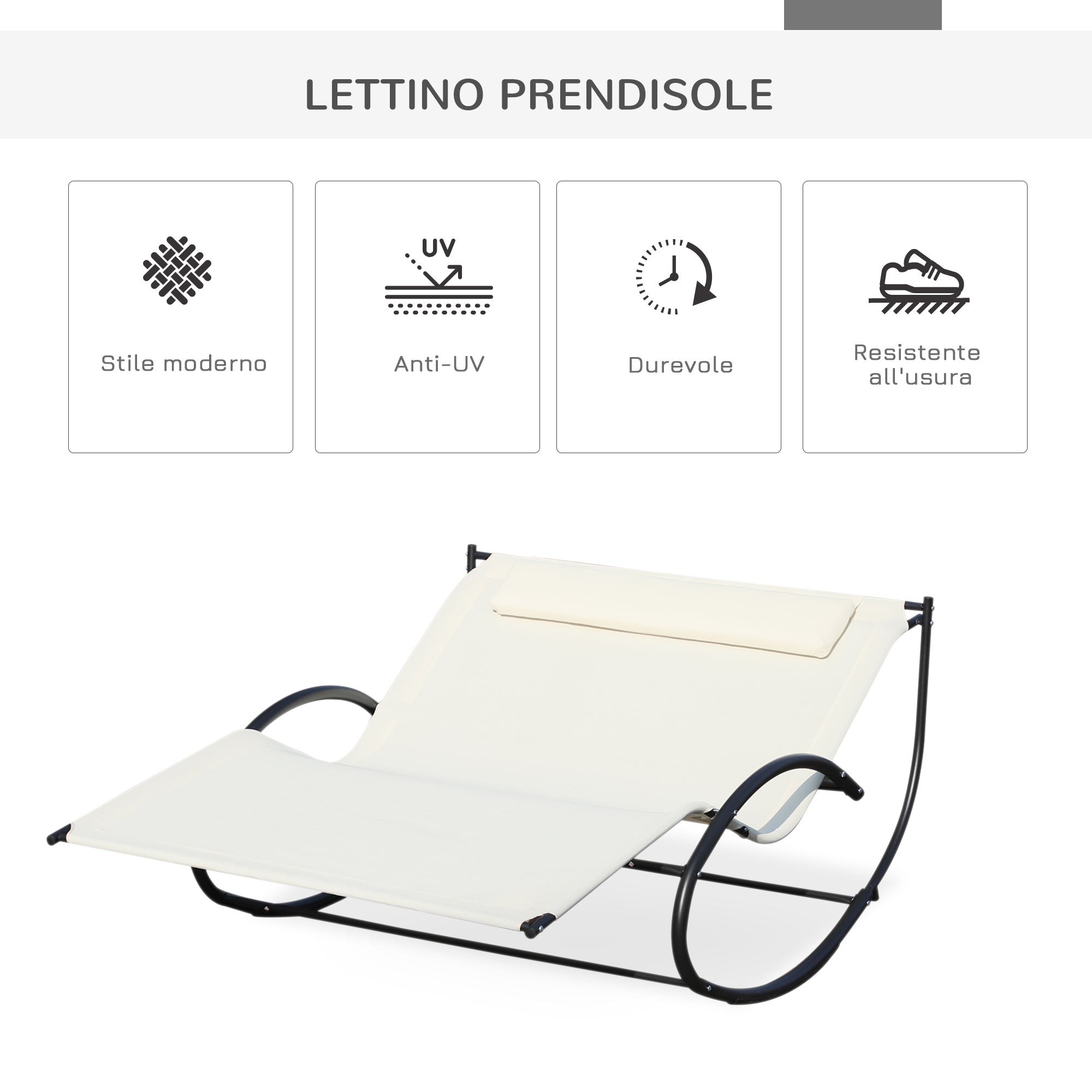 Outsunny 2-Seater Sun Lounger, Metal and Textilene Rocking Garden Lounger, 140x200x36-88cm, Cream White