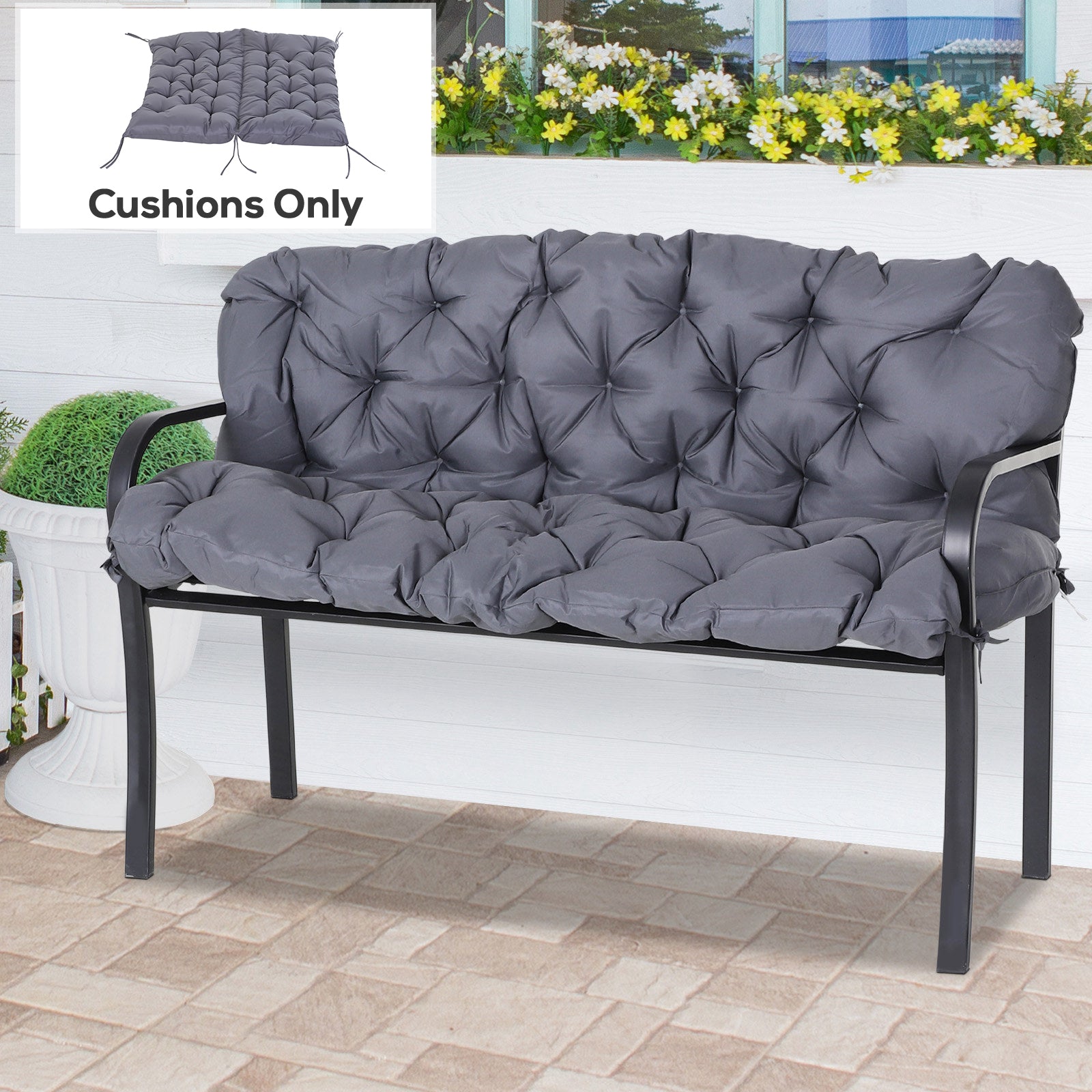 Outsunny 2-Seater Garden Cushion with Backrest for Benches and Swings, 132x110x10 cm, Dark Grey
