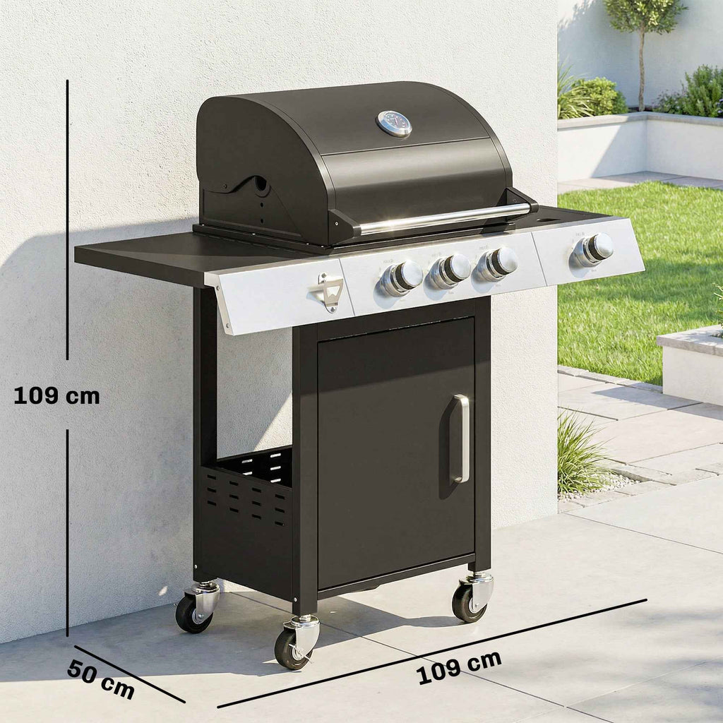 Outsunny Gas Barbecue with 3 Burners and Side Burner, 109x50x109 cm, Black
