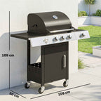 Outsunny Gas Barbecue with 3 Burners and Side Burner, 109x50x109 cm, Black