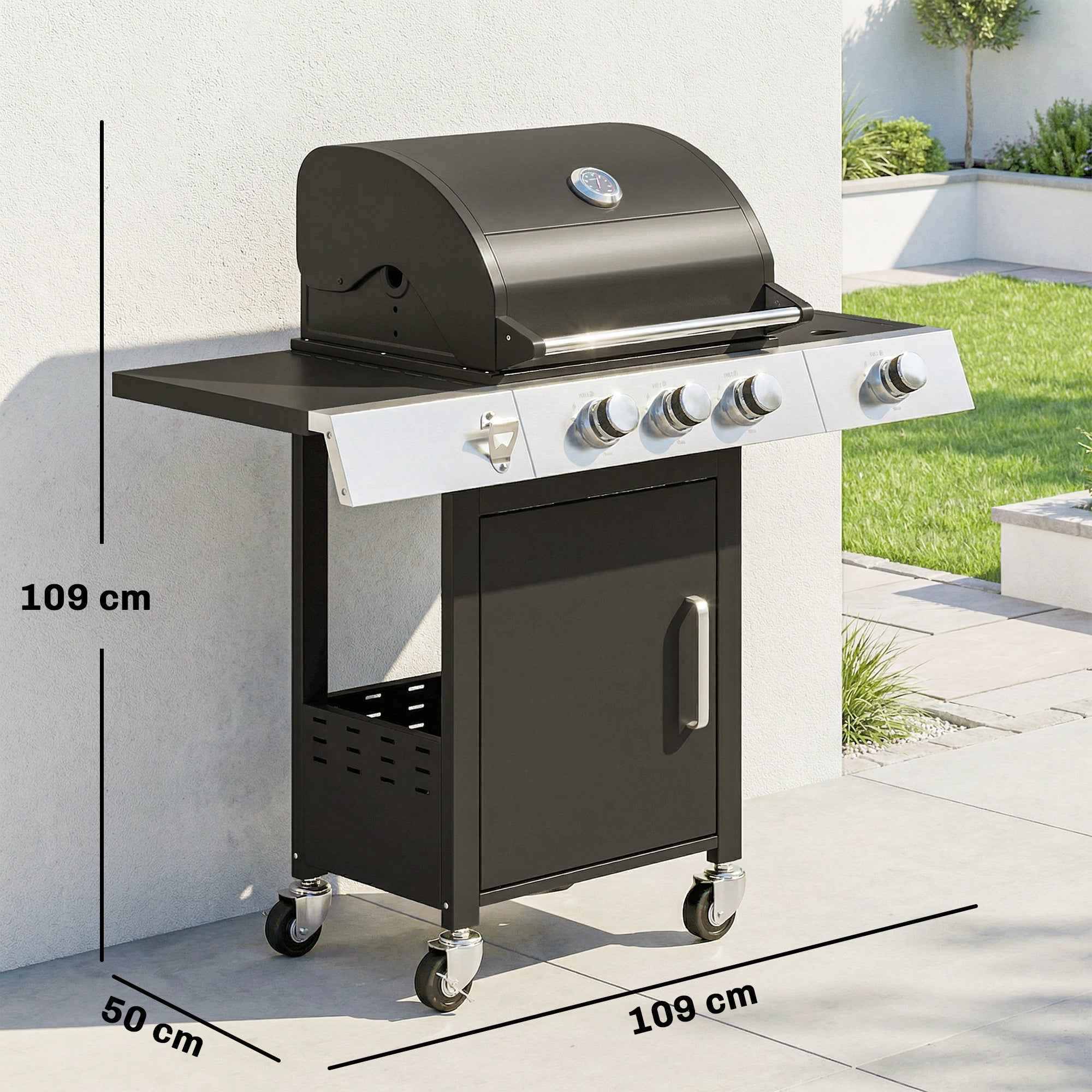 Outsunny Gas Barbecue with 3 Burners and Side Burner, 109x50x109 cm, Black
