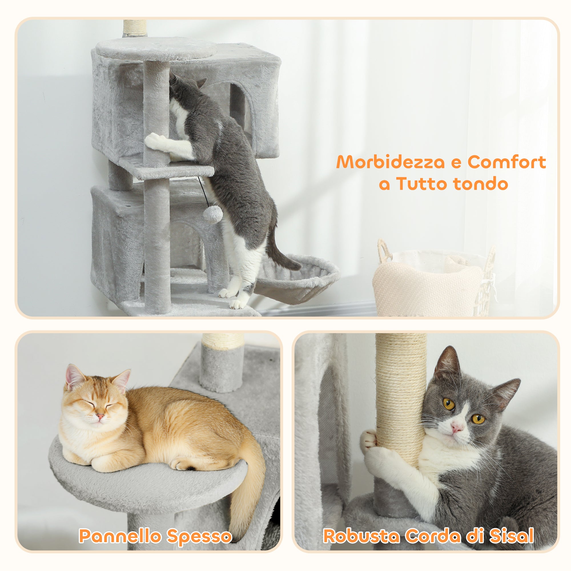 Cat Tree, 140 cm Tall, with 2 Cat Houses, Hammock, Bed and Sisal Posts, Grey