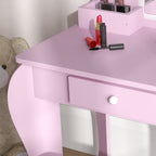 Girls' Dressing Table Set with Makeup Mirror and Matching Wooden Stool, Drawer and Storage, Pink