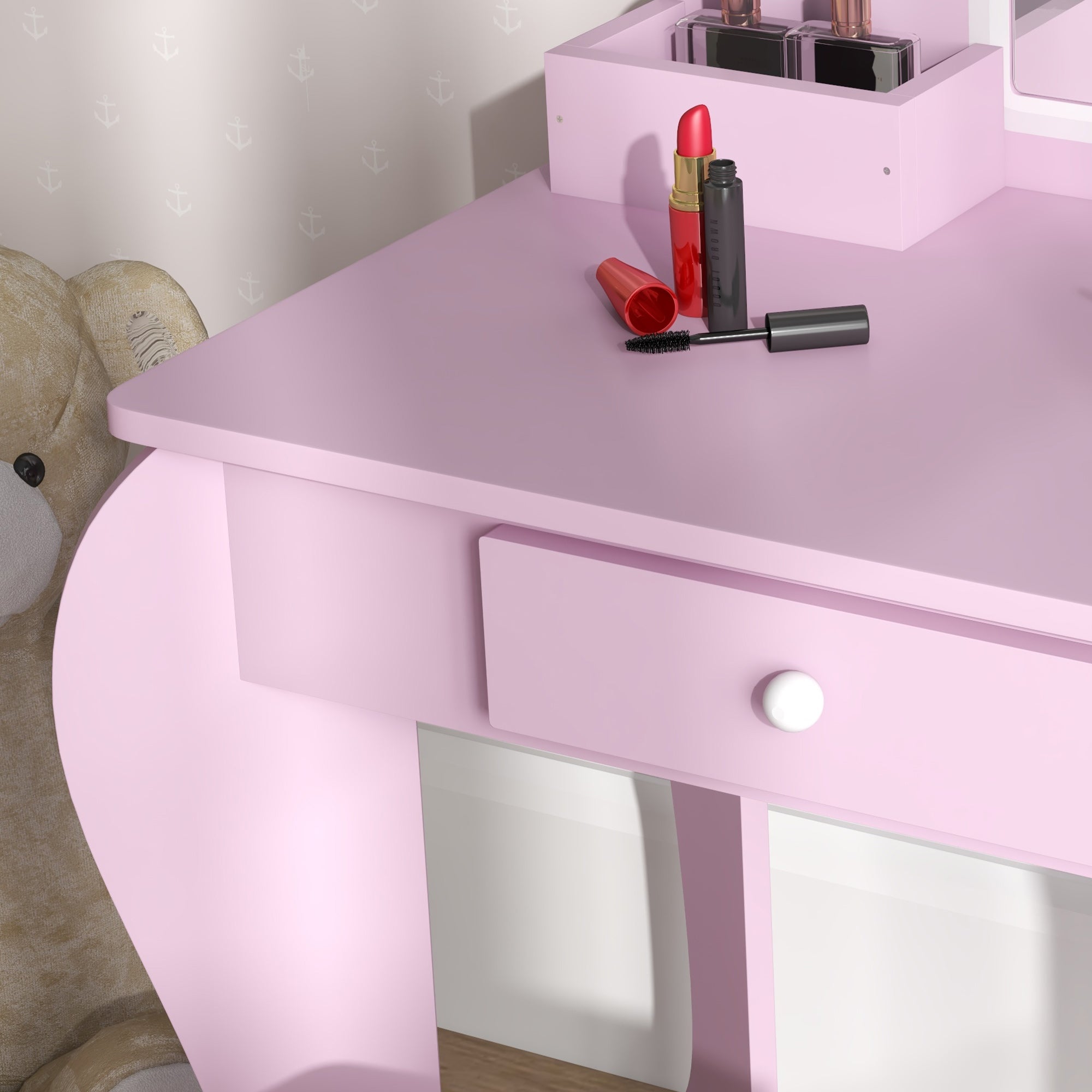 Girls' Dressing Table Set with Makeup Mirror and Matching Wooden Stool, Drawer and Storage, Pink