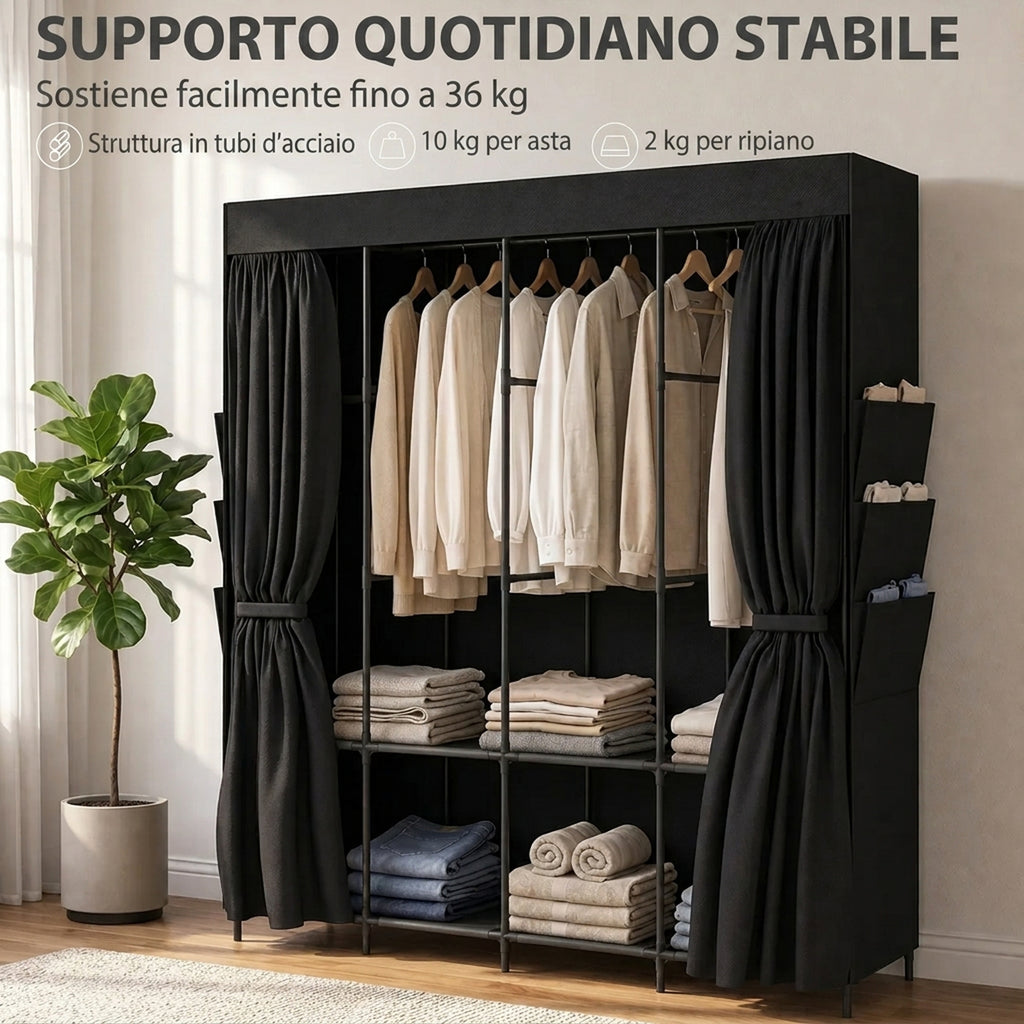 HOMCOM Space-Saving Fabric Wardrobe with 3 Rods, 3 Shelves, 6 Side Pockets, Dustproof Doors with Zip, Black