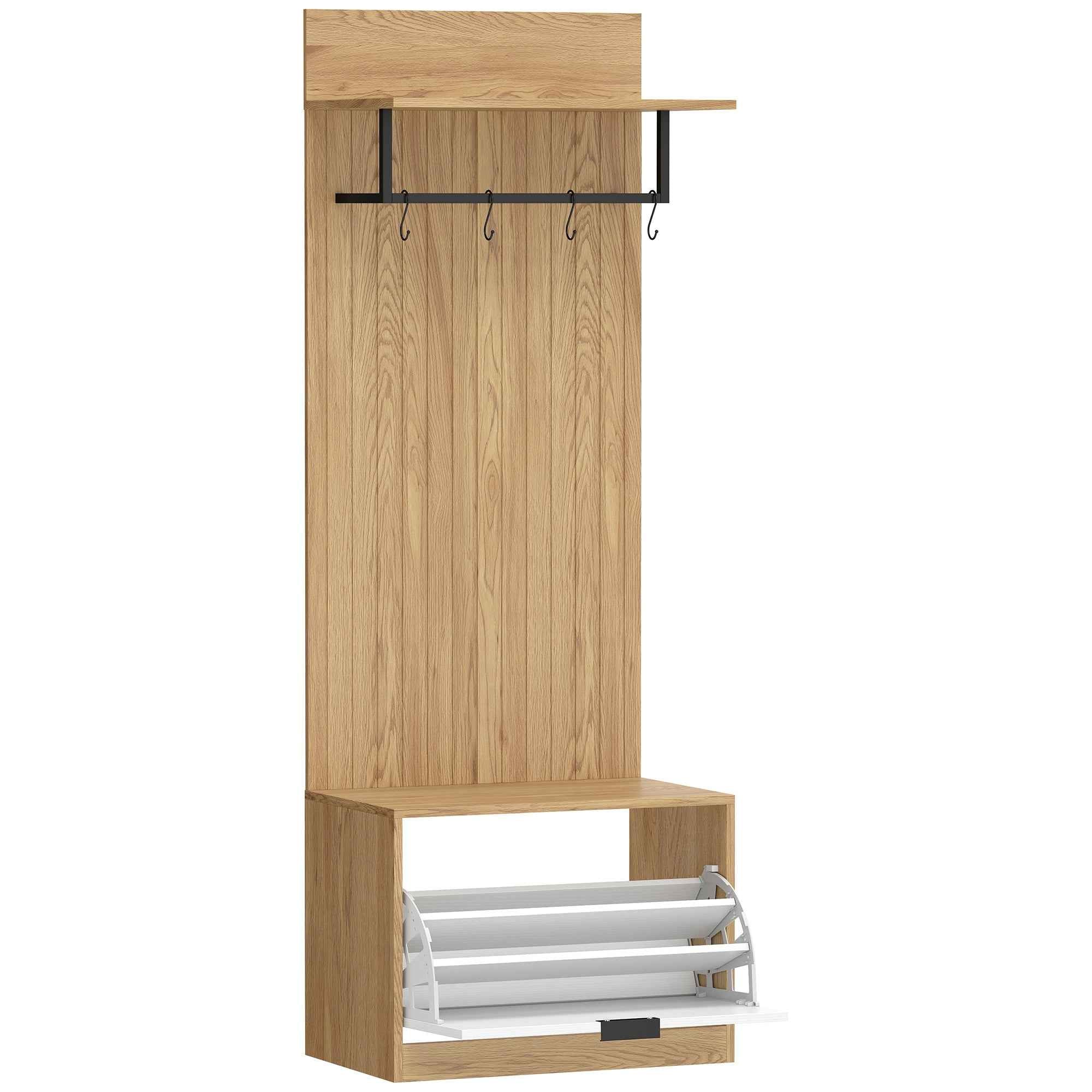 HOMCOM Hallway Furniture with Bench, Shoe Rack and Coat Rack with 4 Hooks, 60x30x170 cm, Oak and White