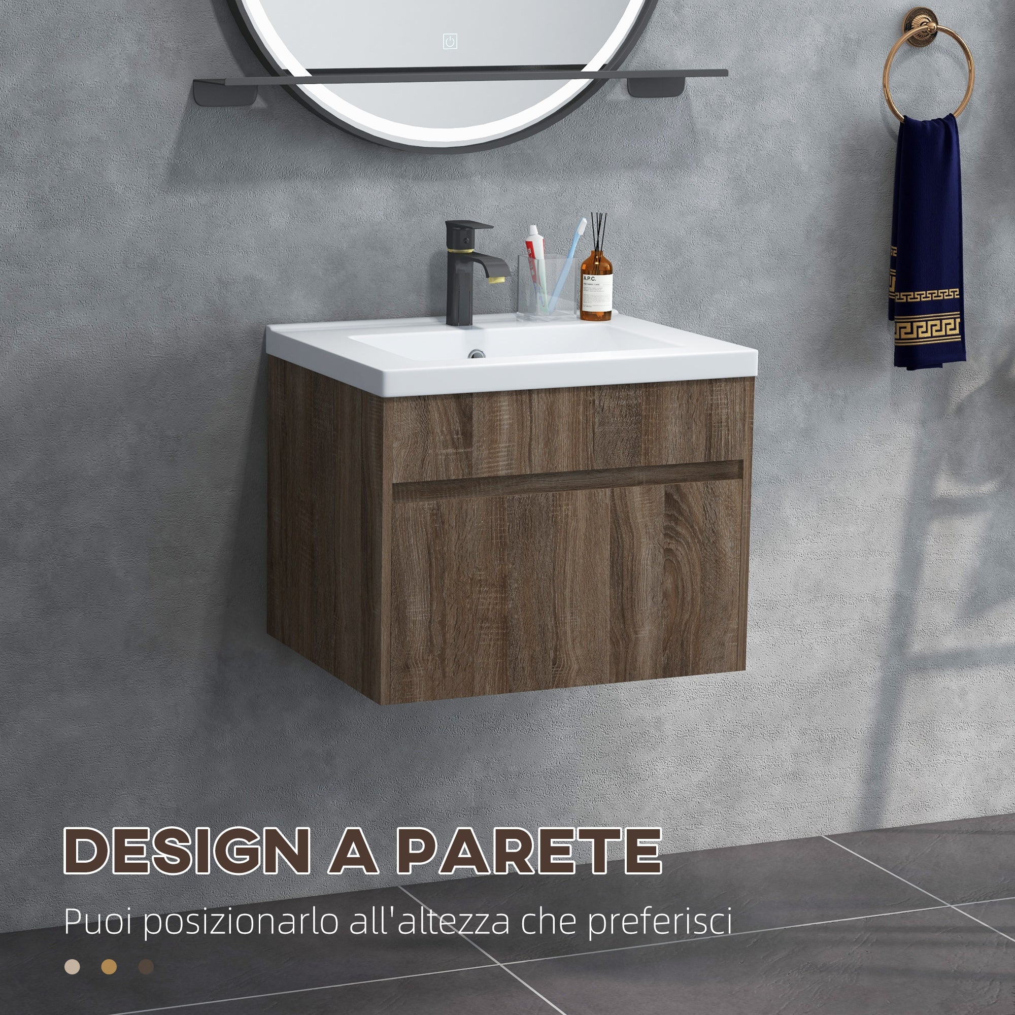 60cm Vanity Unit with Wooden Drawer and Ceramic Sink, Light Brown