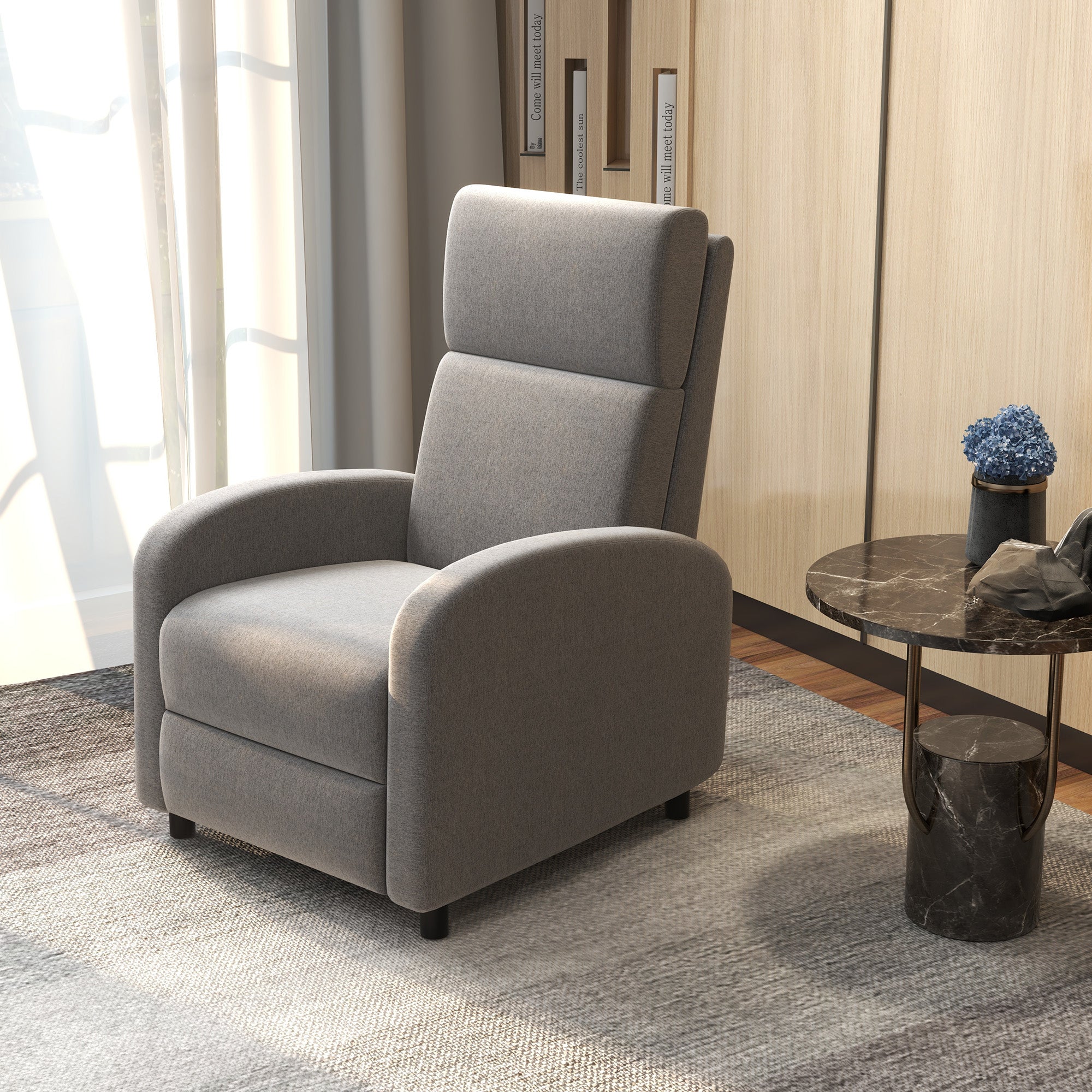 160° Reclining Armchair in Linen Effect Fabric with Square Armrests, 64x86x102 cm, Grey - Borgè