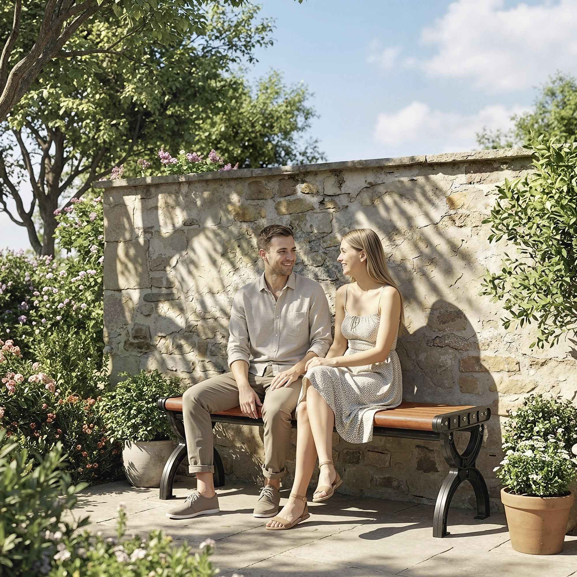 Outsunny 2-Seater Outdoor Metal Bench, 124x39x39 cm, Wood and Black