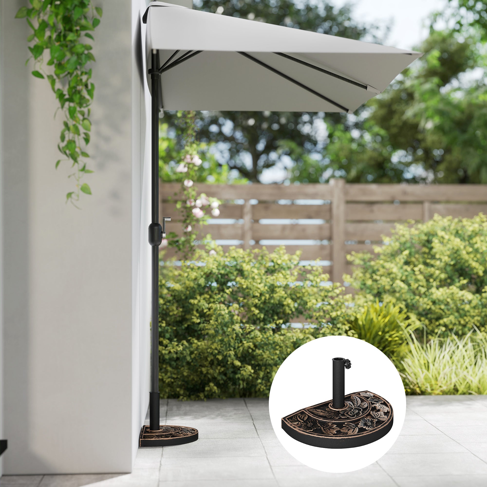 Half-Moon Umbrella Base Ø38 mm and Ø48 mm with Crank Handle, Resin Umbrella Base, 50x31x32 cm, Bronze