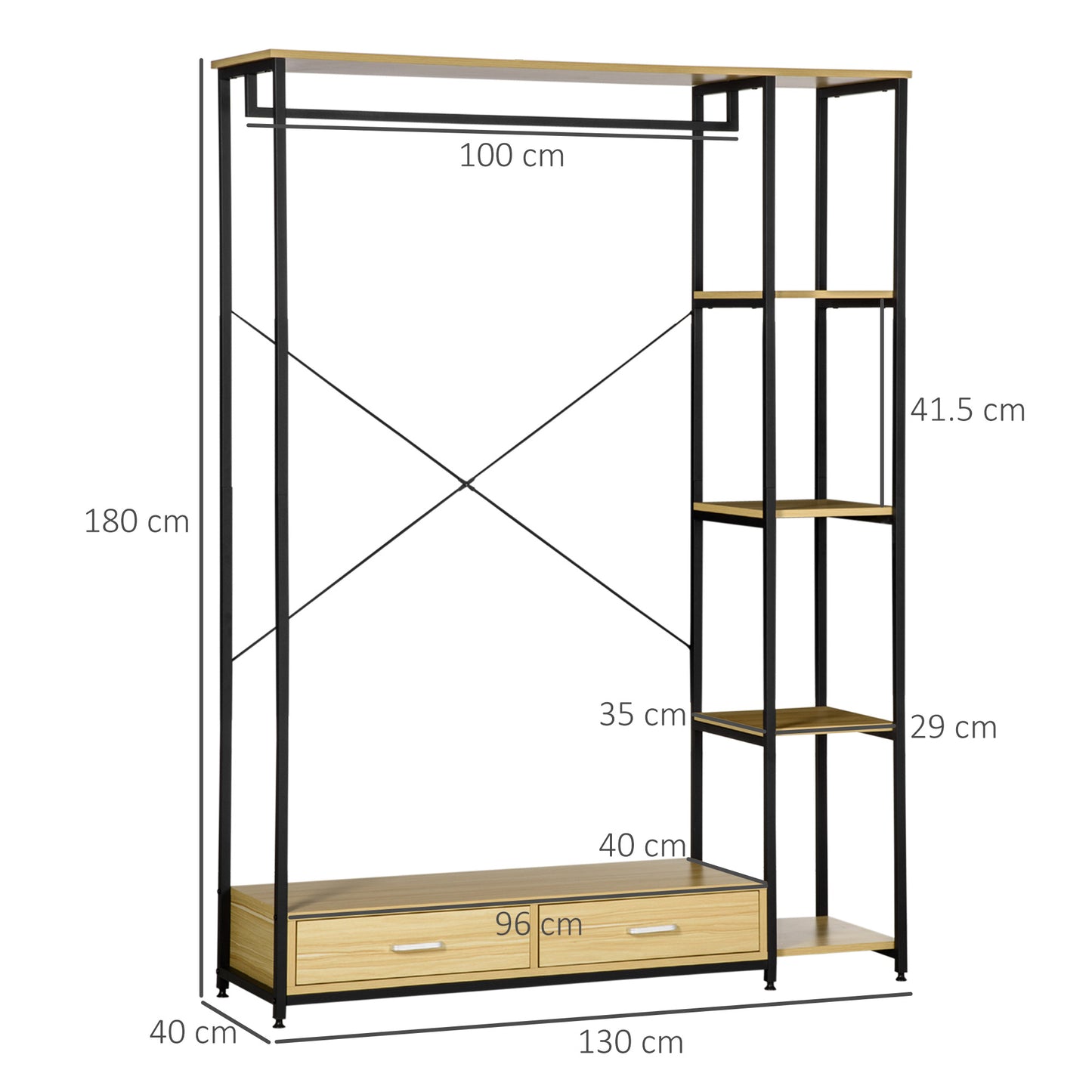 Industrial Style Coat Rack with 2 Drawers and 4 Open Shelves Supplied, in Steel and Chipboard, 130x40x180cm, Wood Color and Black