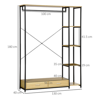 Industrial Style Coat Rack with 2 Drawers and 4 Open Shelves Supplied, in Steel and Chipboard, 130x40x180cm, Wood Color and Black