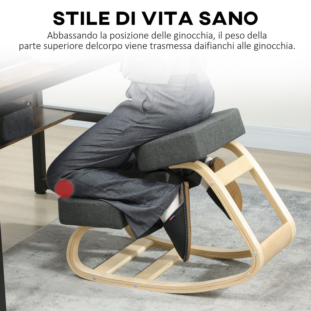 Ergonomic Kneeling Chair in Birch Wood and Cushion, 51x69x58 cm, Grey