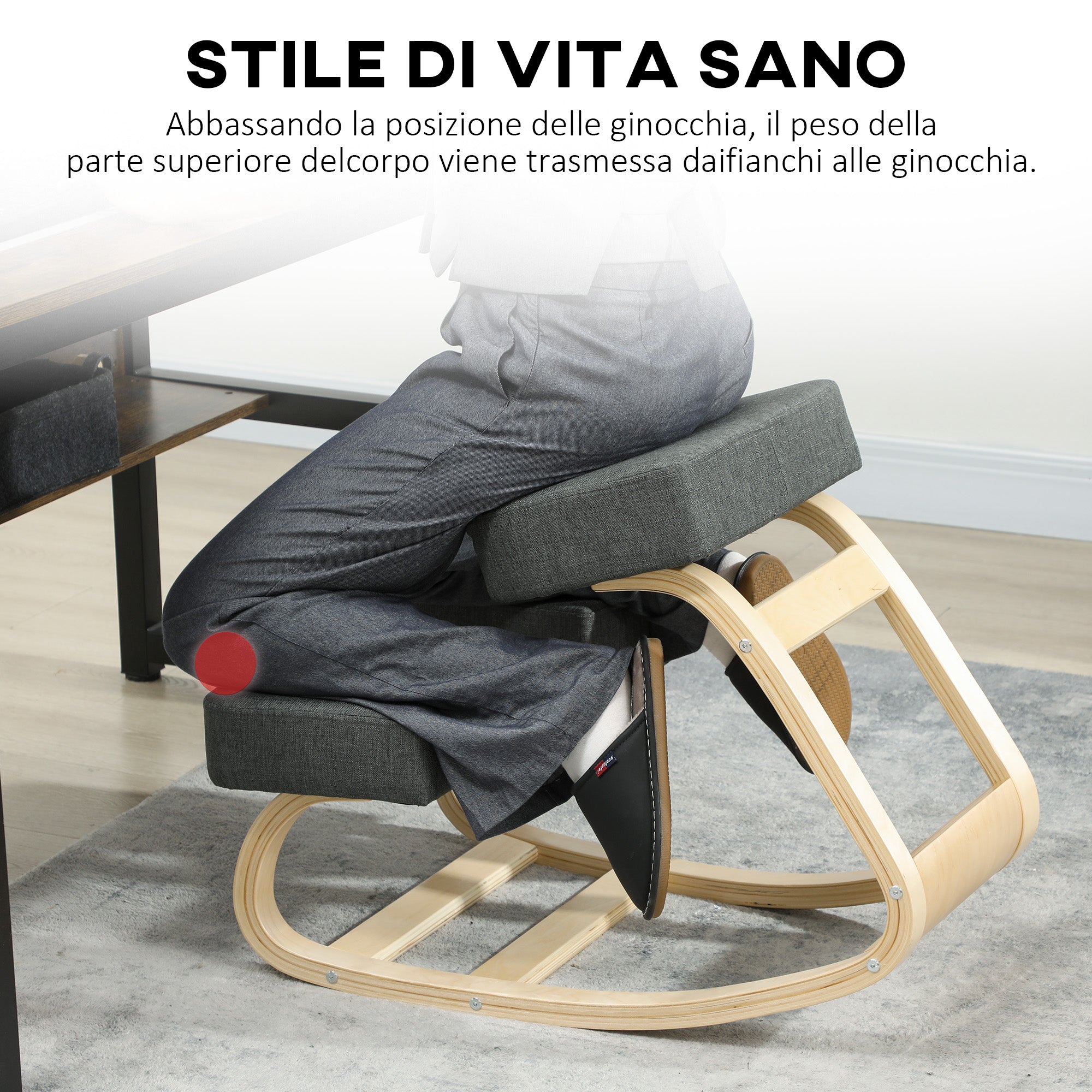Ergonomic Kneeling Chair in Birch Wood and Cushion, 51x69x58 cm, Grey