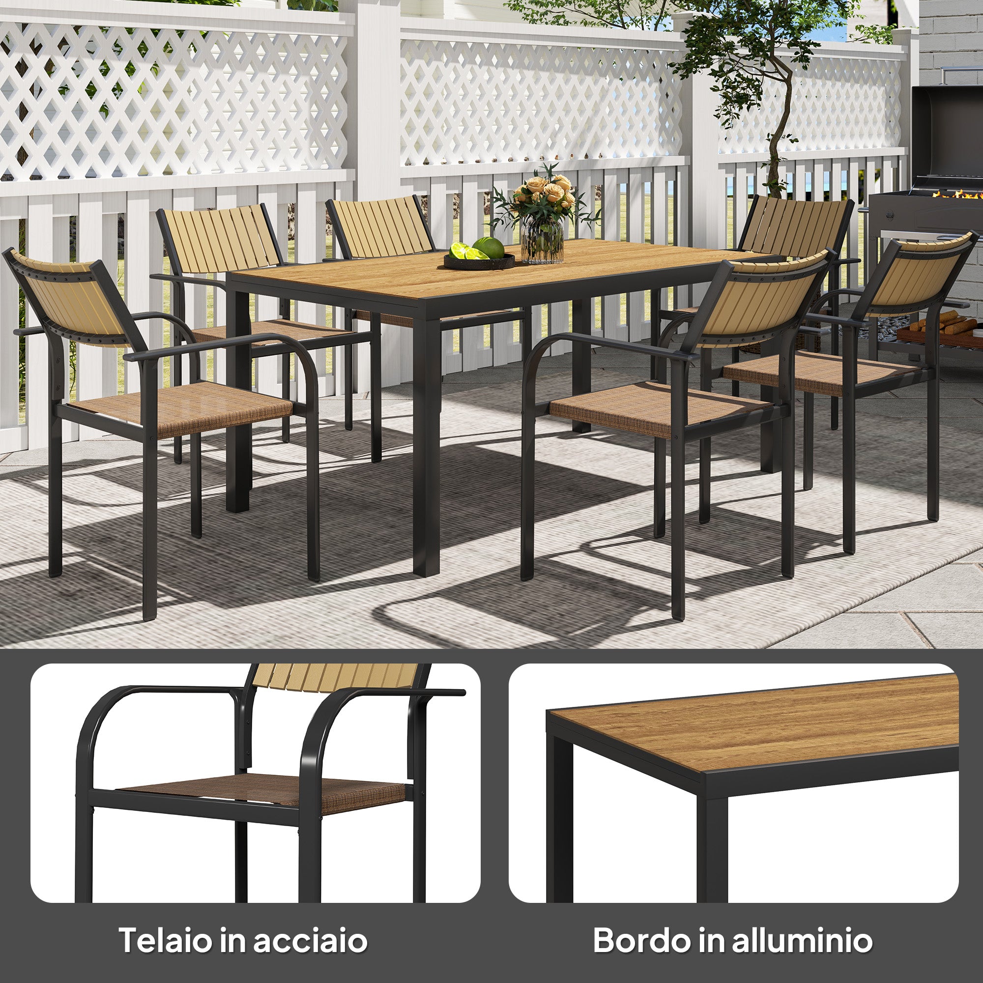 Outsunny Extendable Garden Table Set with 6 Stackable Outdoor Chairs, Steel and Textilene, Brown