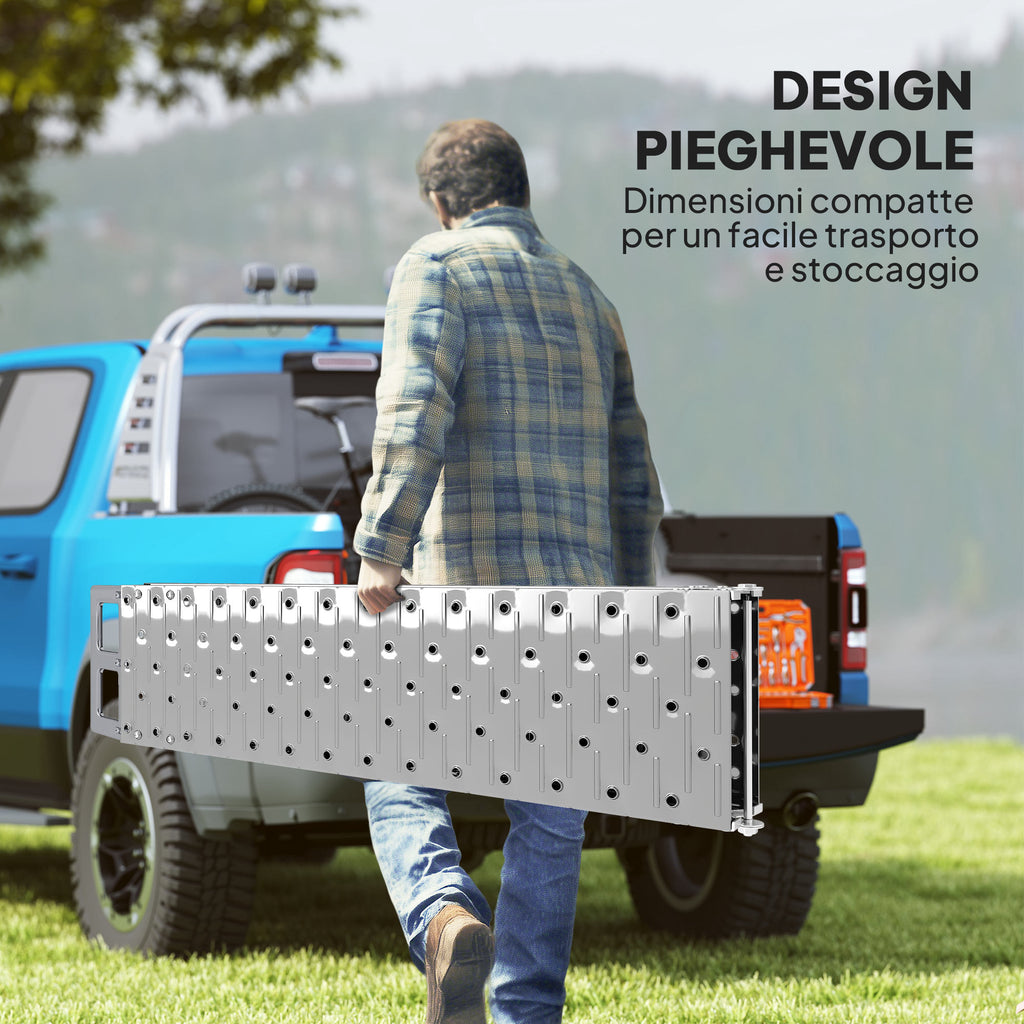 Folding Non-Slip Motorcycle Loading Ramp with Safety Strap, Steel, Silver