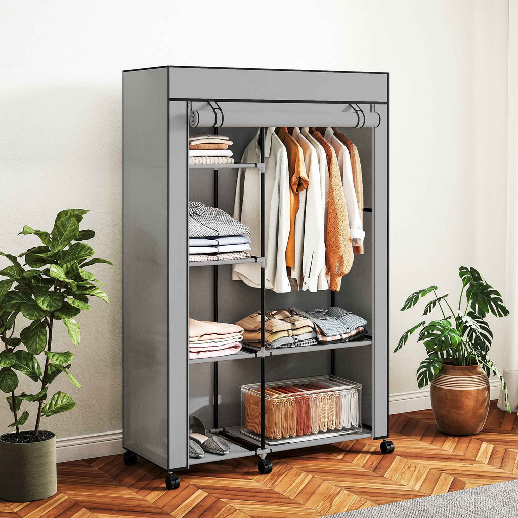 HOMCOM Portable Non-Woven Fabric and Steel Wardrobe with Wheels, 6 Open Shelves, Clothes Hanger, Light Grey