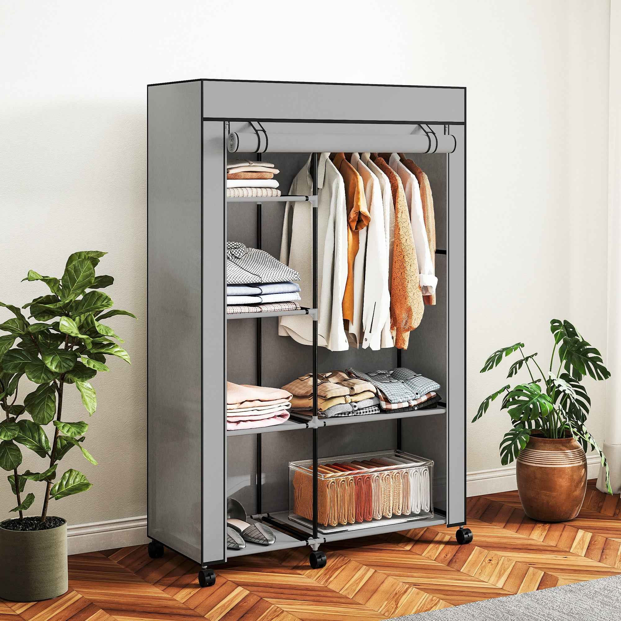 HOMCOM Portable Non-Woven Fabric and Steel Wardrobe with Wheels, 6 Open Shelves, Clothes Hanger, Light Grey