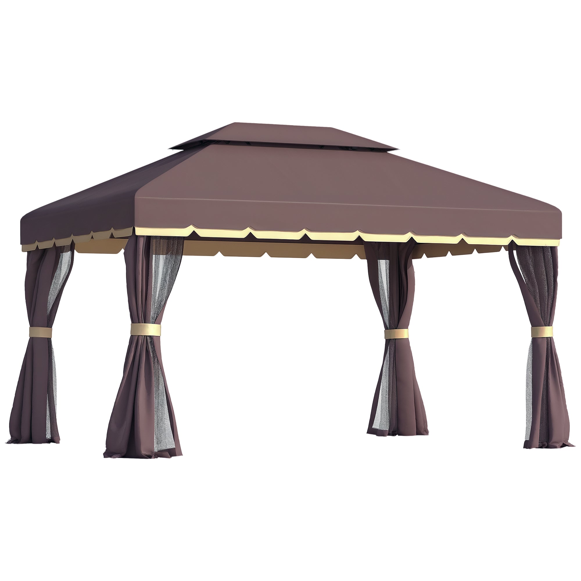 3x4m Garden Gazebo with Double Roof, Mosquito Net and Curtains, Aluminum and Polyester, Coffee Color