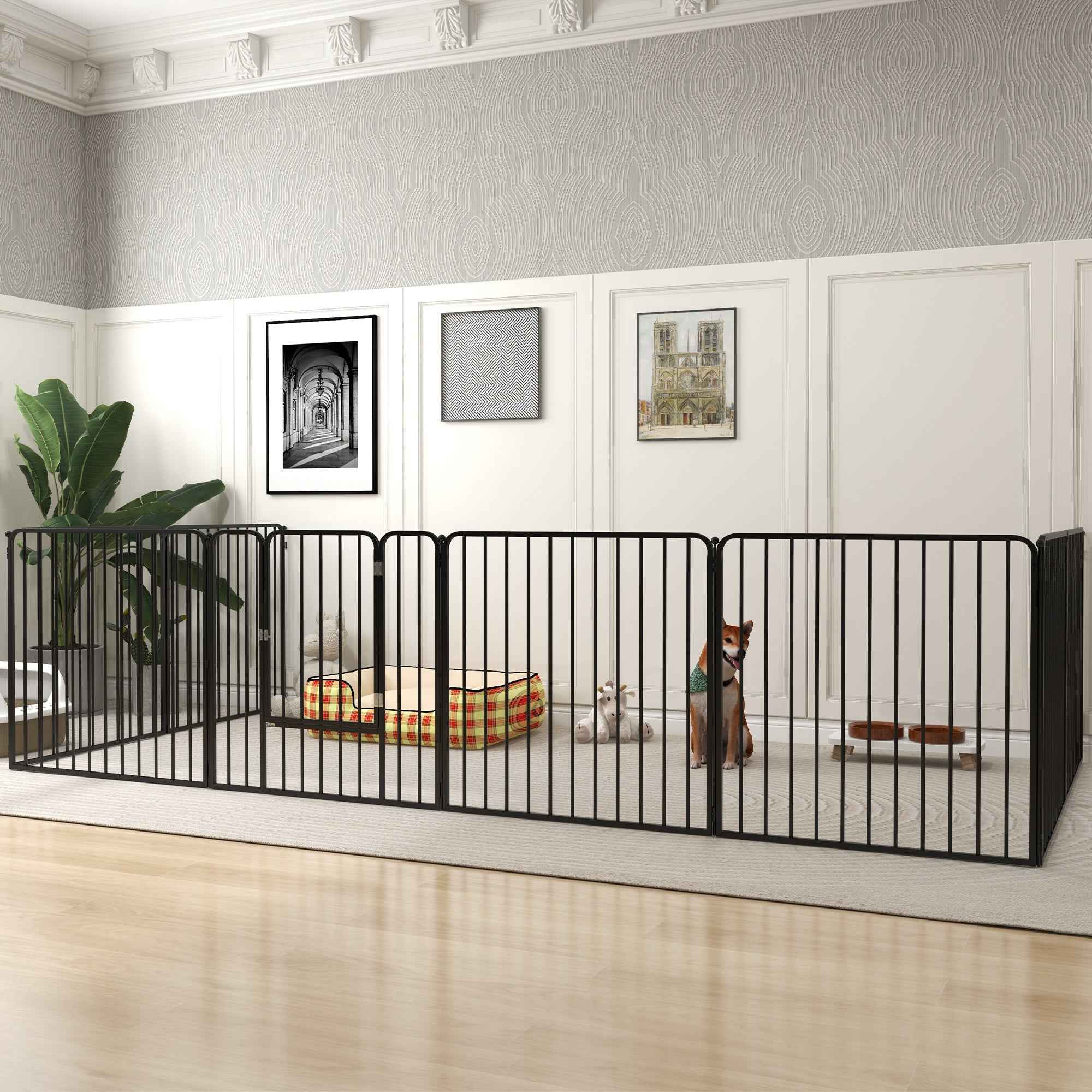 PawHut 8-Panel Modular Indoor/Outdoor Dog Kennel with 9 Pegs, Steel, 164x164x80 cm, Black