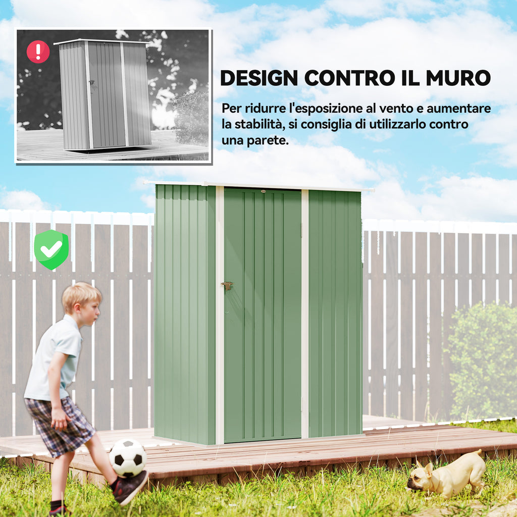 Outsunny Metal Tool Shed with Sloped Roof and Lockable Door, 142x86x189 cm, Light Green