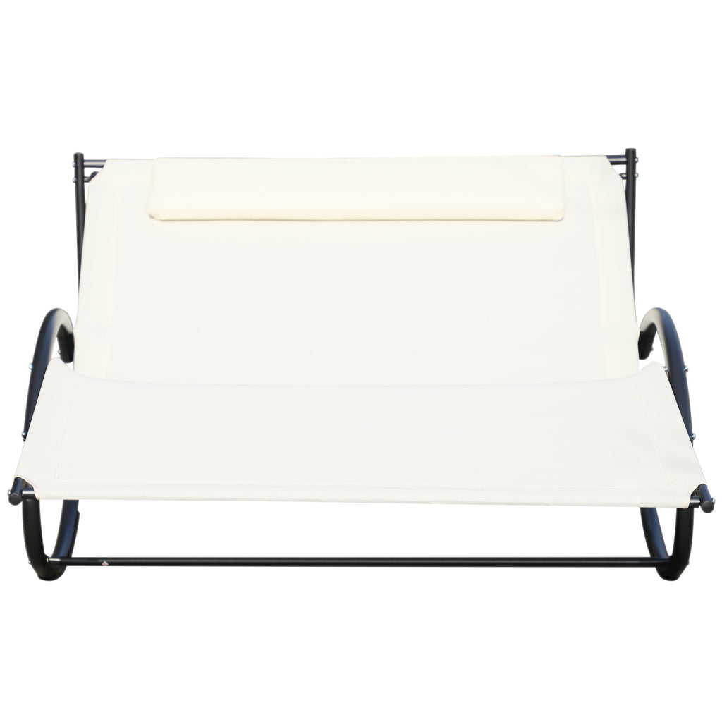Outsunny 2-Seater Sun Lounger, Metal and Textilene Rocking Garden Lounger, 140x200x36-88cm, Cream White