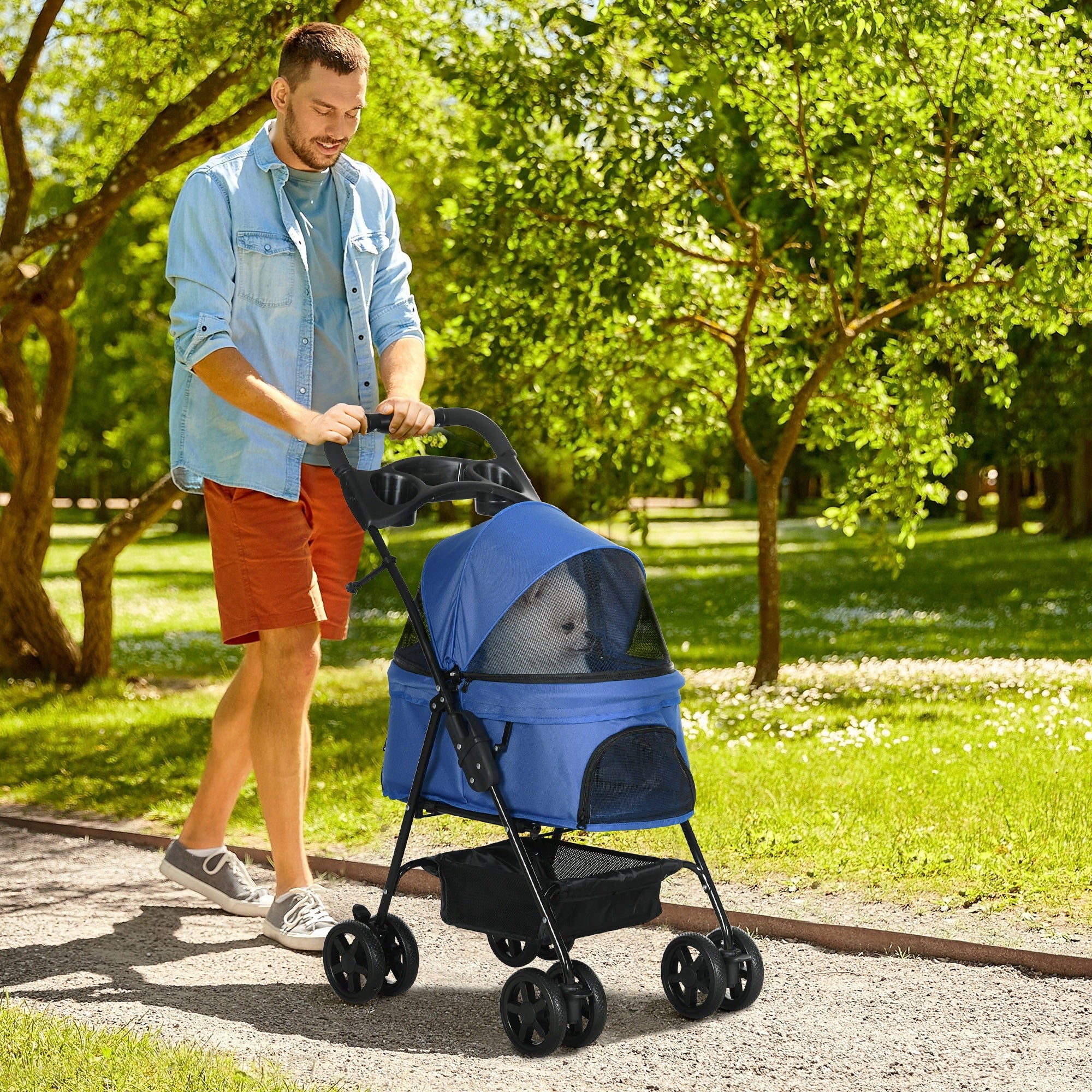 Folding Dog Stroller with Safety Leash and Storage Basket, Blue
