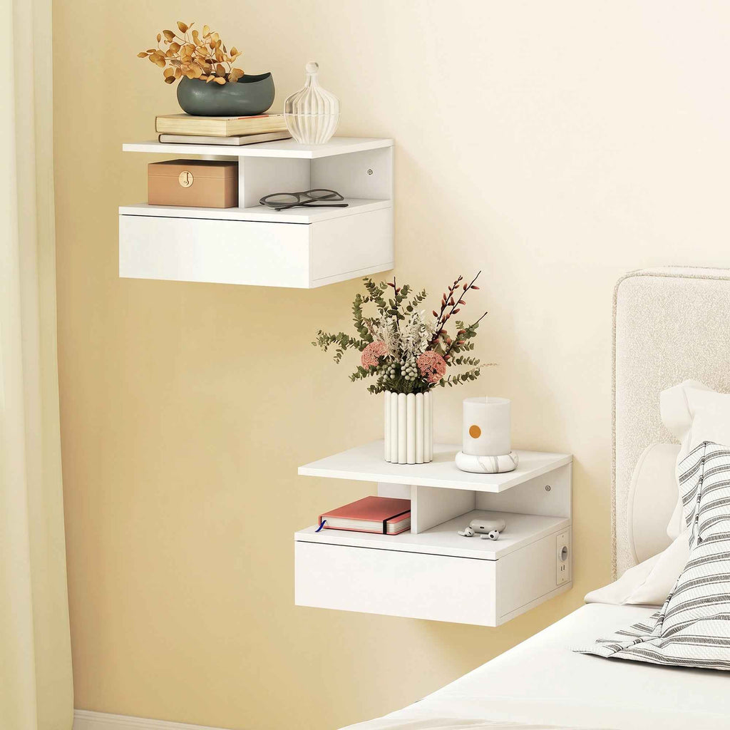 HOMCOM Set of 2 Floating Bedside Tables with Charging Station, Drawer and Open Shelf, Wooden, 40x35x30 cm, White