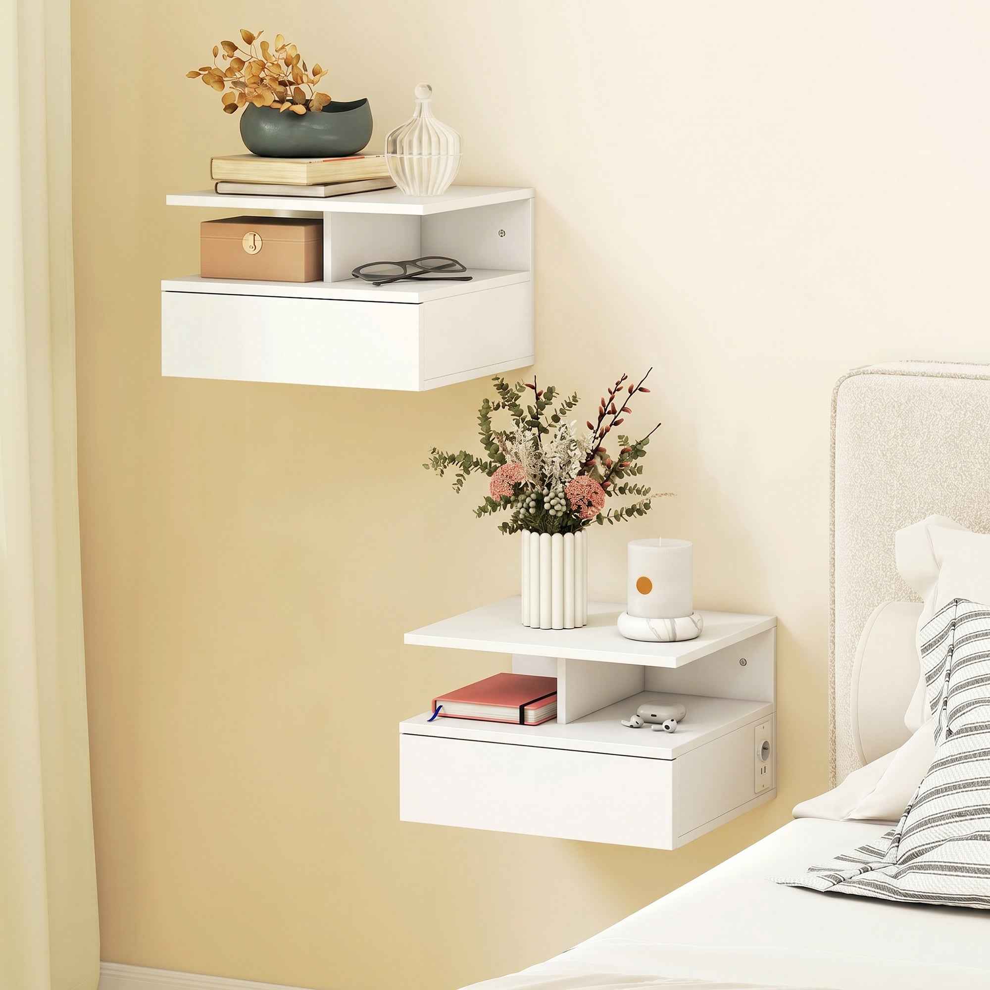 HOMCOM Set of 2 Floating Bedside Tables with Charging Station, Drawer and Open Shelf, Wooden, 40x35x30 cm, White