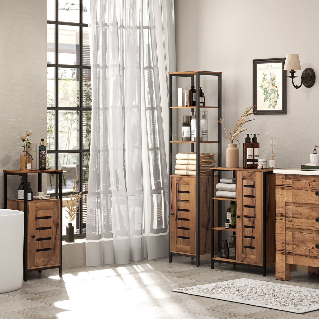 kleankin Tall Narrow Bathroom Cabinet, Space-Saving Bathroom Cabinet with Soft-Close Louvered Doors, 3 Open Shelves, Adjustable Shelves, Rustic Brown